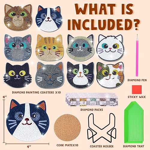 Miniatura 2 de Insnug Juego de 10 posavasos de pintura de diamantes, con temática de gato, kits de pintura para niños y adultos, puntos, artes y manualidades, kits