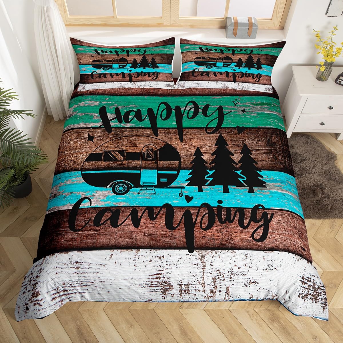 Castle Fairy Happy Camping Comforter Cover,Rustic Farmhouse Style Duvet Cover for Girls Teens Bedroom Gifts,Cartoon Camper Theme Comforter Cover Decorative with 2 Pillowcases, Full Size(No Comforter)