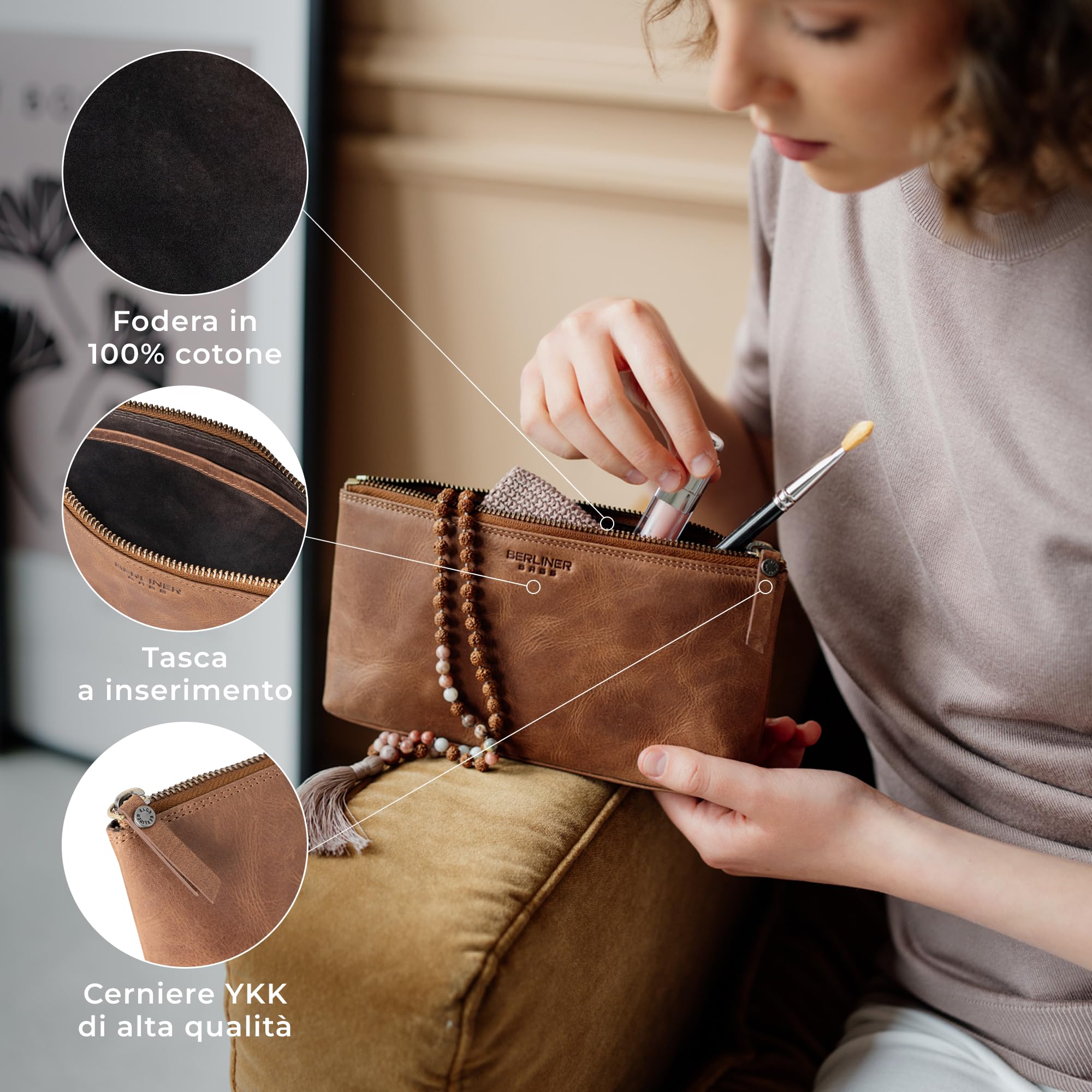 Berliner Bags Trousse Porta Cosmetici Anna S in Vera Pelle, Pochette Compatta con Zip per Make-up e Accessori da Viaggio, Donna – Marrone