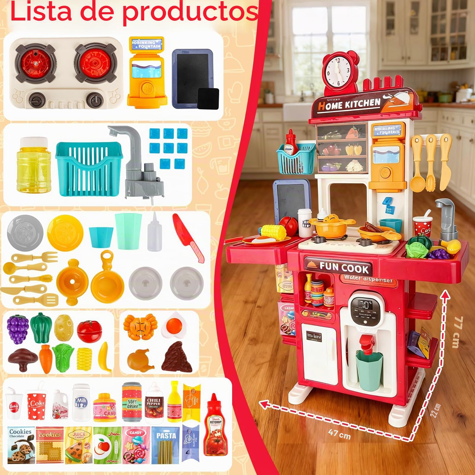 Cocina Juguete Niños Set de Cocina en Miniatura con Fregadero de Spray y Iluminación Realista, Juego de Cocina Simulada para Niñas y Niños de 3 4 5 Años, Regalo (Rojo)