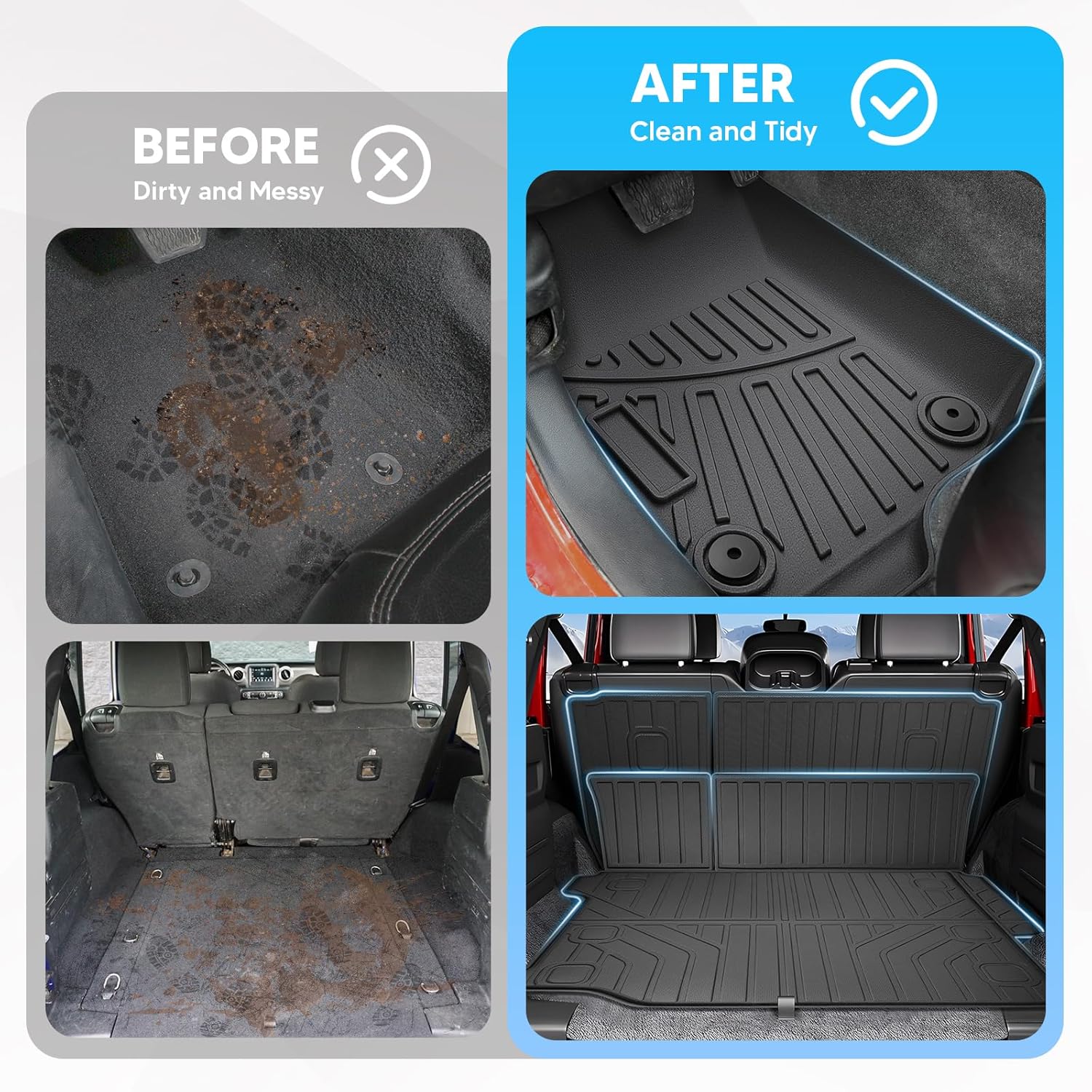 Floor Mats & Cargo Liner for 2018-2025 Jeep Wrangler JL Unlimited 4X4 4 Door Accessories Backrest Mat 2 Row Liner Set All Weather TPE 3D Cargo Mat for Wrangler JL Accessories 6PCS(Not for 4XE)