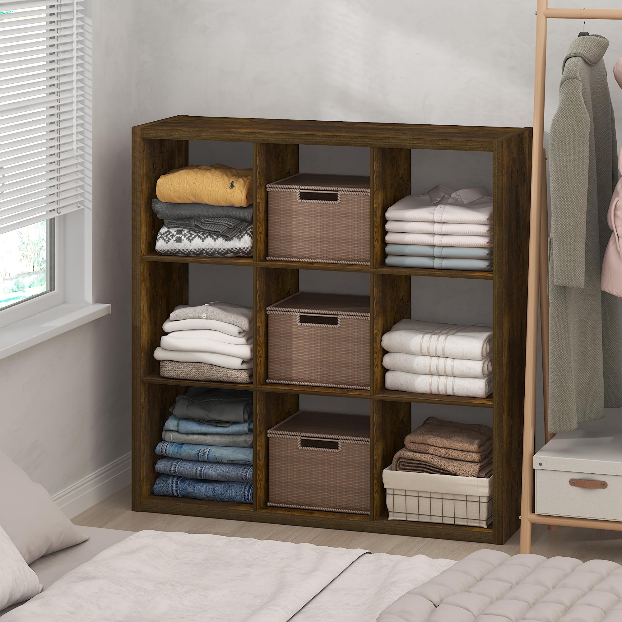 Furinno Cubic Extra Thick 9-Cube Closet Organizers and Storage, Amber Pine