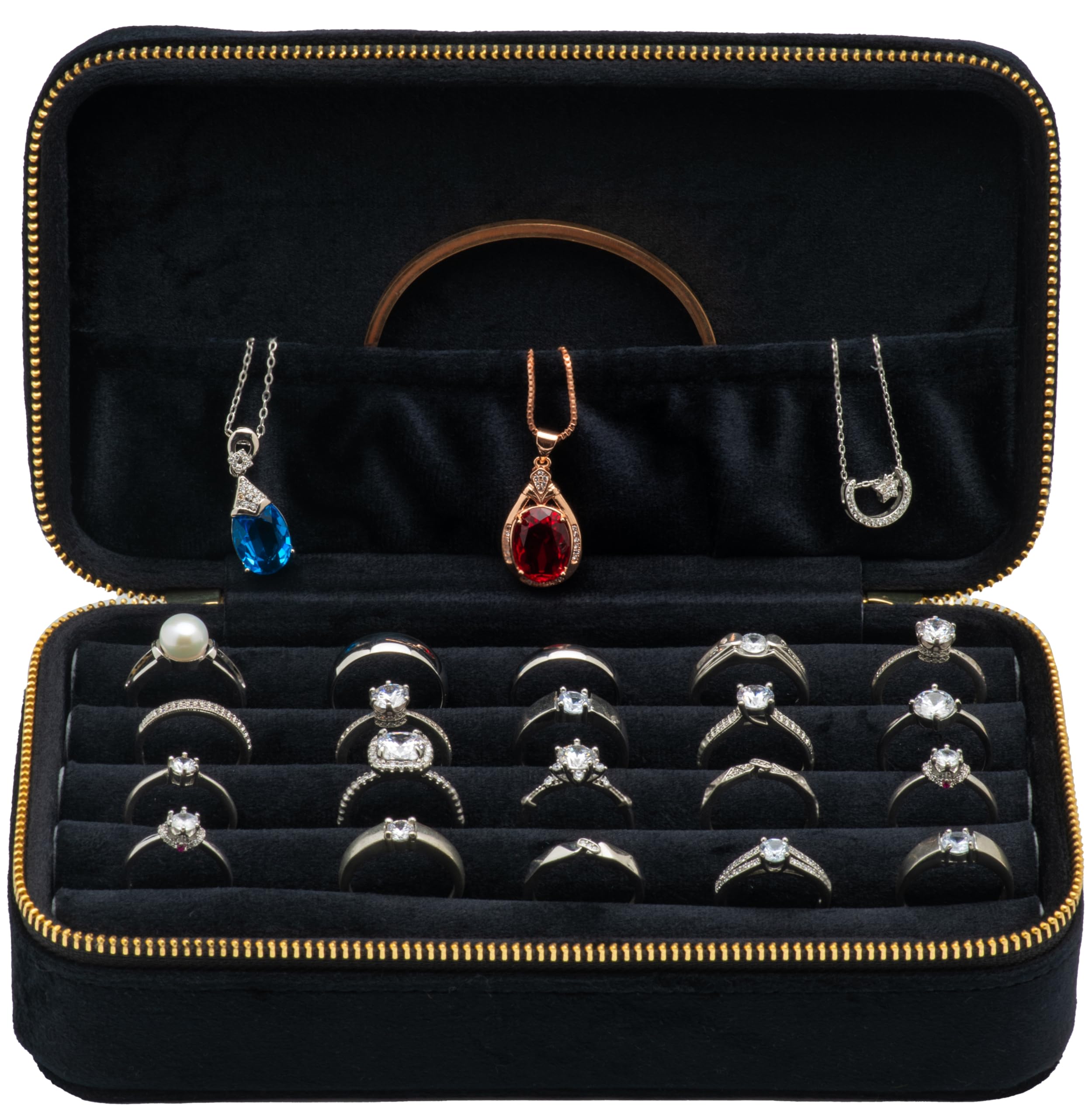 COWFEX Velvet Multiple Ring Box Jewelry Organizer Display Tray with Zipper Around Earring Holder Case for Wedding Birthday (Black)