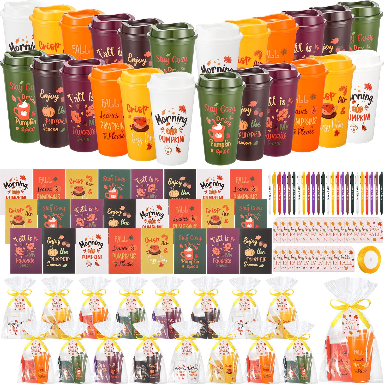 Thenshop 24 juegos/96 piezas de regalos de Acción de Gracias de otoño a granel de 16 onzas de taza de café reutilizable con tapa, mini cuadernos, bolígrafos, tarjetas y bolsas de regalo, regalos de