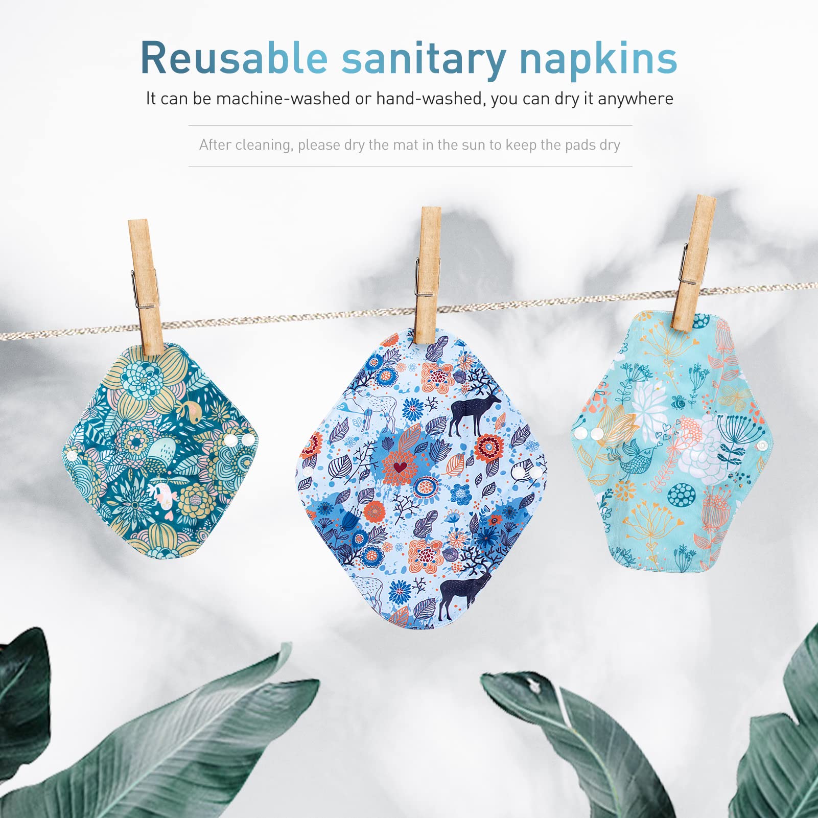 Viedouce Serviette Hygiénique Lavable,Lot de 9 Serviettes Hygiéniques Réutilisables,Serviette Hygiénique en Tissu,Protege Slip Lavable avec 2 étanches Sacs de rangement
