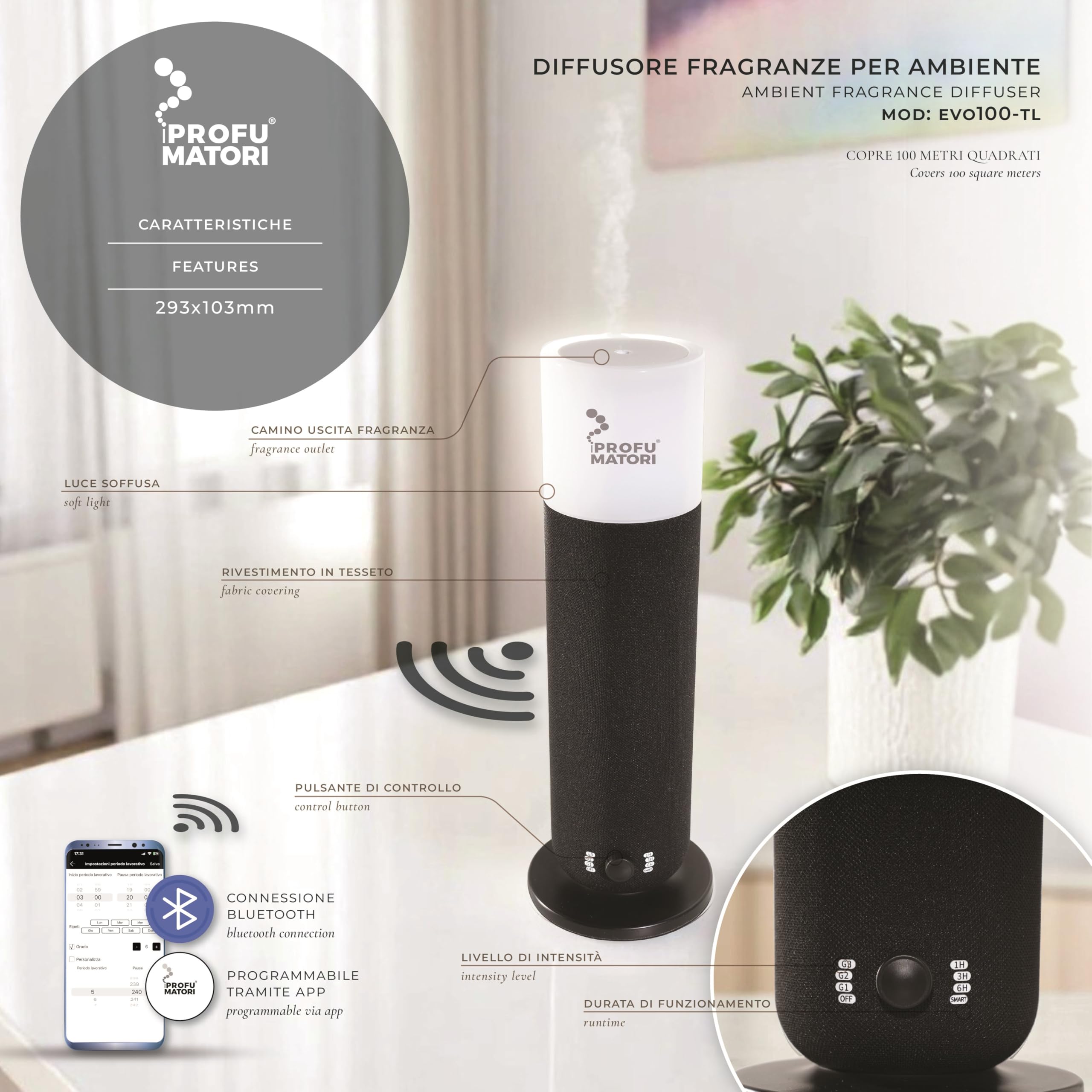 Diffuseur de Parfum d’Ambiance Smart EVO100 TL, Parfum Rosso Divino, nébulisation à Froid, contrôle Bluetooth, Couverture Jusqu’à 100 m², lumière intégrée, 100 ML, Couleur Noire
