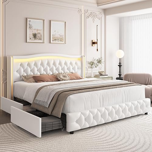 HIFIT Base de cama con plataforma LED inteligente con 4 cajones de almacenamiento y cabecera con alas capitonadas con botones de cristal, marco de