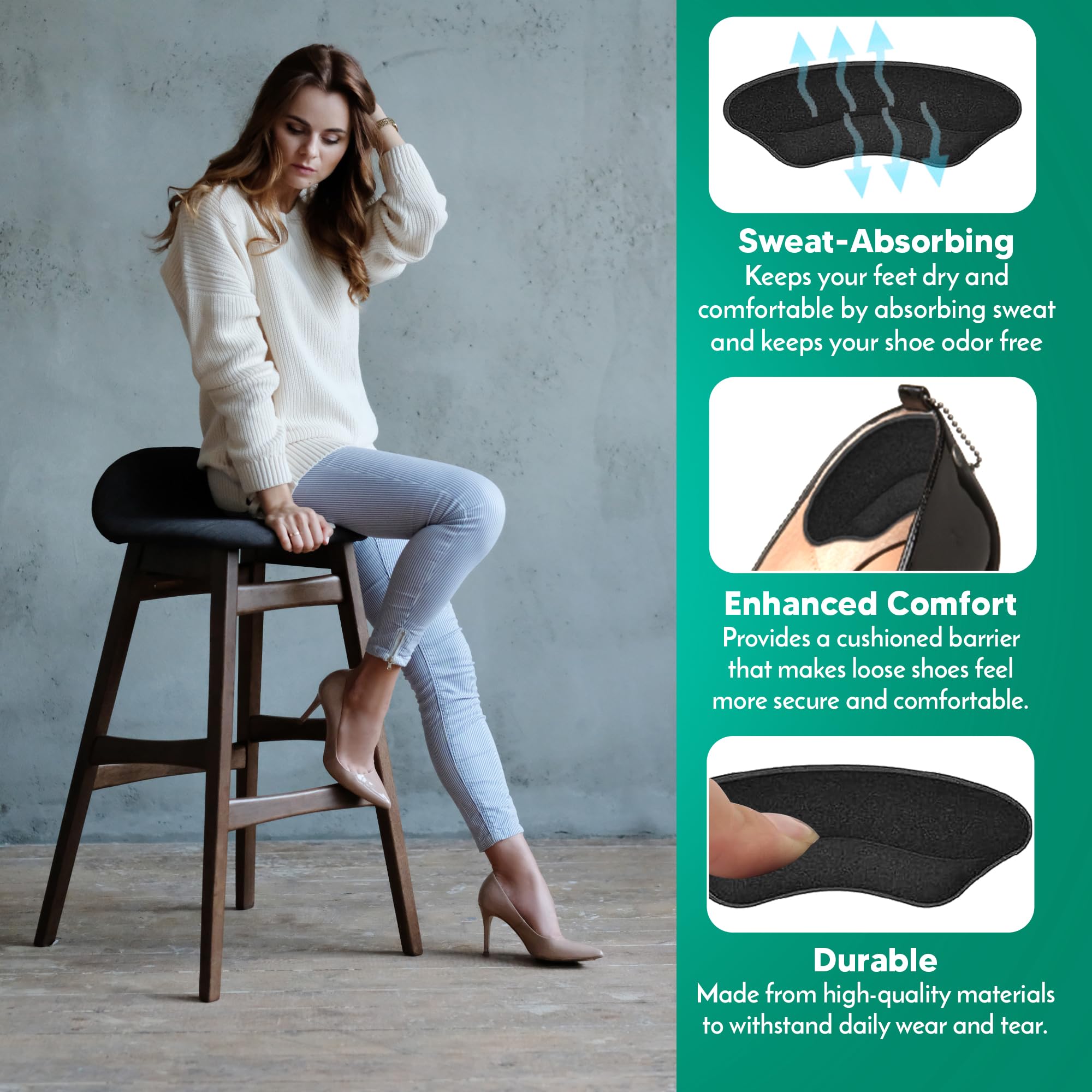 Comfwalk Almohadillas de agarre para el talón, 4 pares, autoadhesivas, inserciones en forma de labio para zapatos sueltos, prevención de ampollas y comodidad del talón (negro)