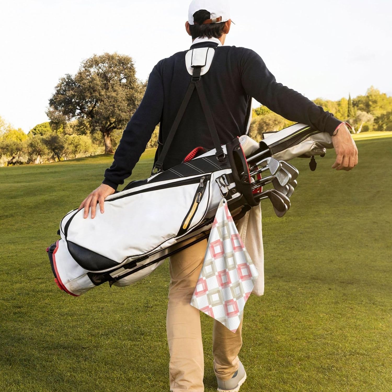 Geometric-with-Multi-Colored-Squares Microfiber Golf Towel with Carabiner Clip, 16x24 Inch Absorbent Waffle Weave Towel for Golf Bags