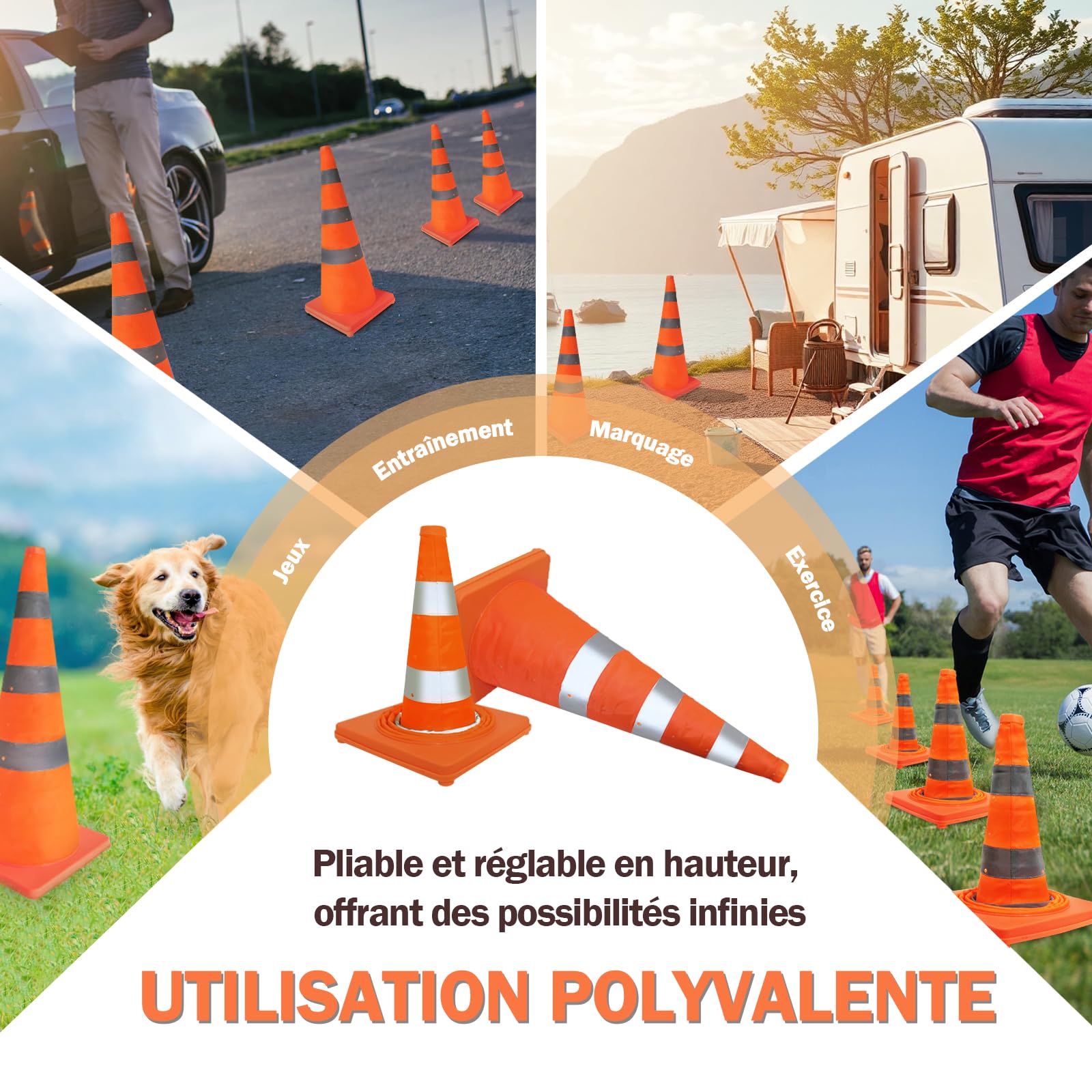 Valchoose 4 Cônes de Signalisation Pliables, 75 cm, Bandes Réfléchissantes | Plots de chantier et cônes de sécurité orange avec 3 bandes réfléchissantes – pour travaux, parking, route et urgence
