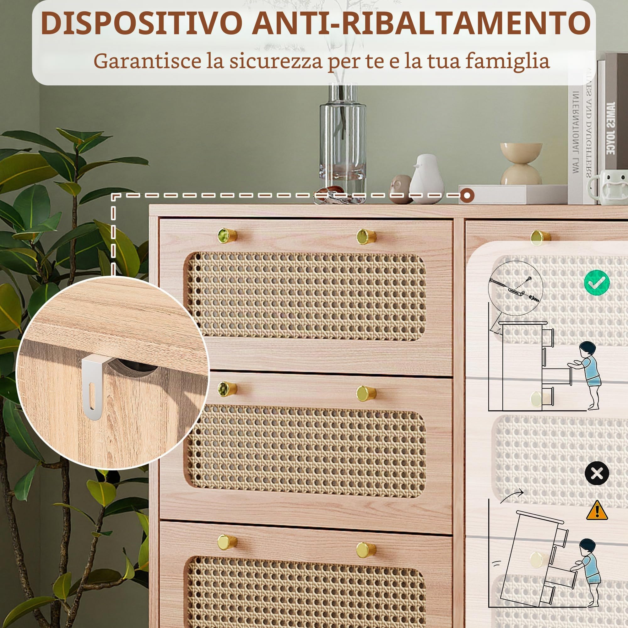 Cassettiera con 6 cassetti, in rattan, camera da letto, cassettiera moderna, cassettiera in legno con manici dorati, credenza, cassettiera per corridoio, soggiorno, camera da letto