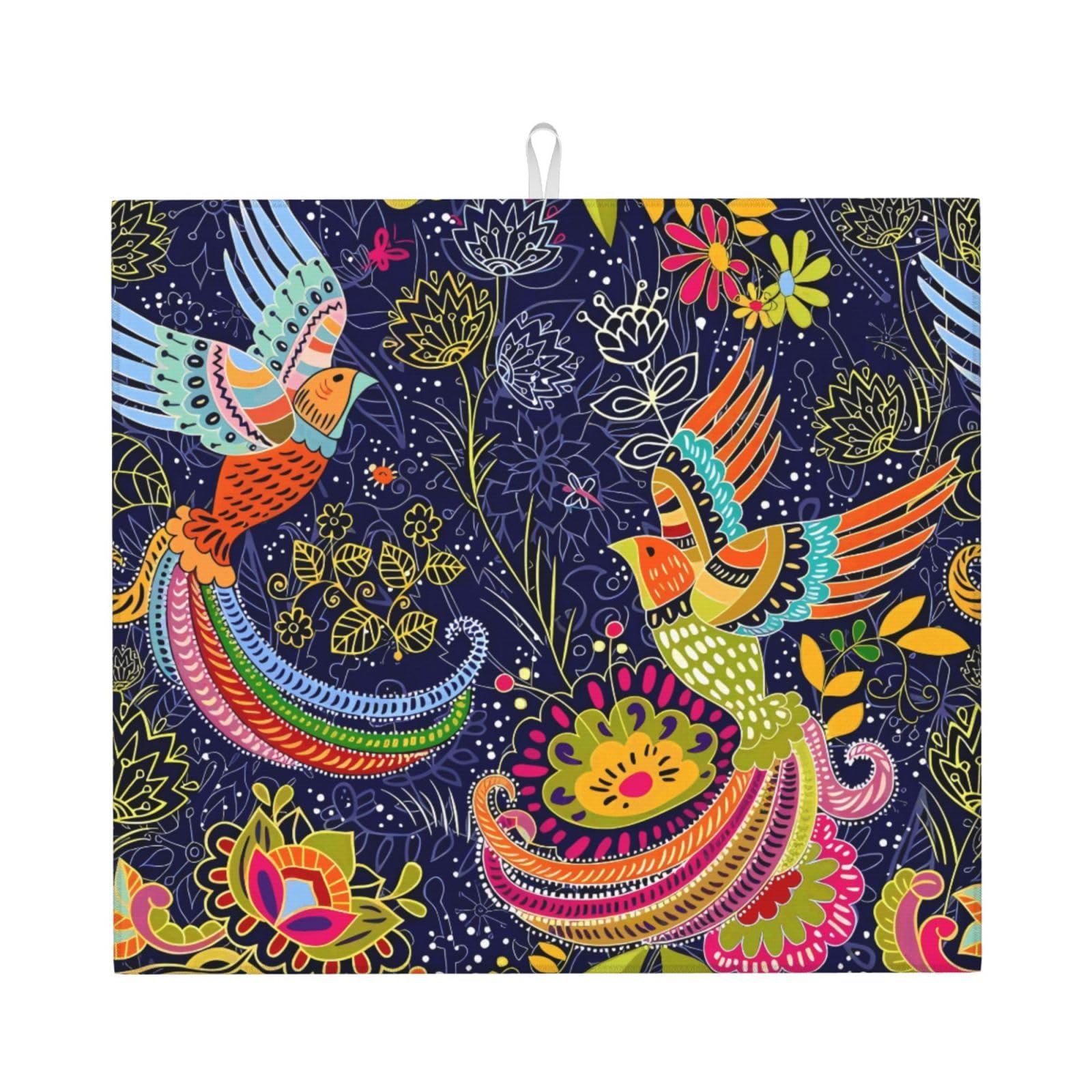 YYHWHJDE Ethnic Style Birds Prints Kitchen Drying Mat - Absorbent Dish Drying Throw with Vibrant Prints, Quick-Dry Countertop Layer for Dishes & Appliances - Non-Slip & Foldable