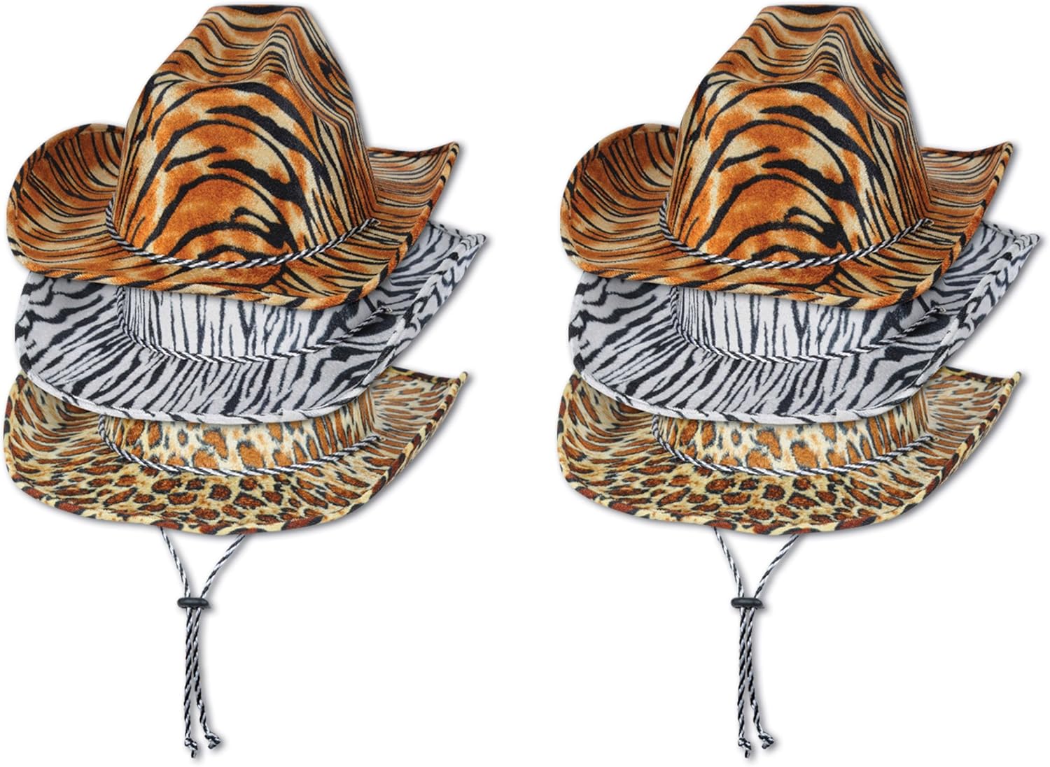 Beistle Animal Print Cowboy Hats – 6 Pack, Safari Party Supplies with Adjustable Chin Strap, Halloween Costume Accessories, Fun Jungle Tiger, Zebra & Leopard Birthday Hats, One Size Fits Most