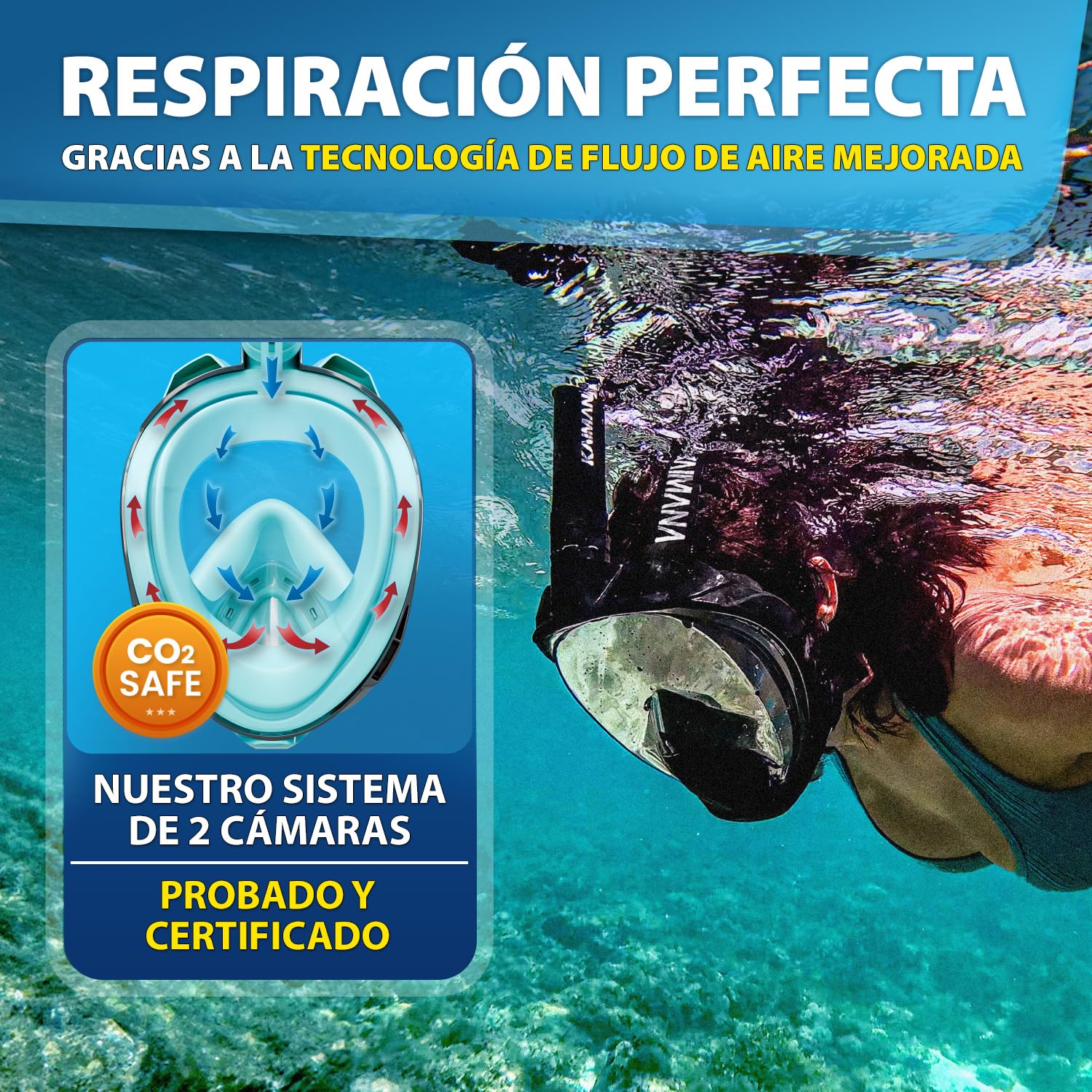 La galardonada máscara de Buceo KAIMANA® para Adultos y niños —Totalmente Apta para CO₂— Incluye un Estuche de Transporte — para Adultos— máscara de Buceo Integral