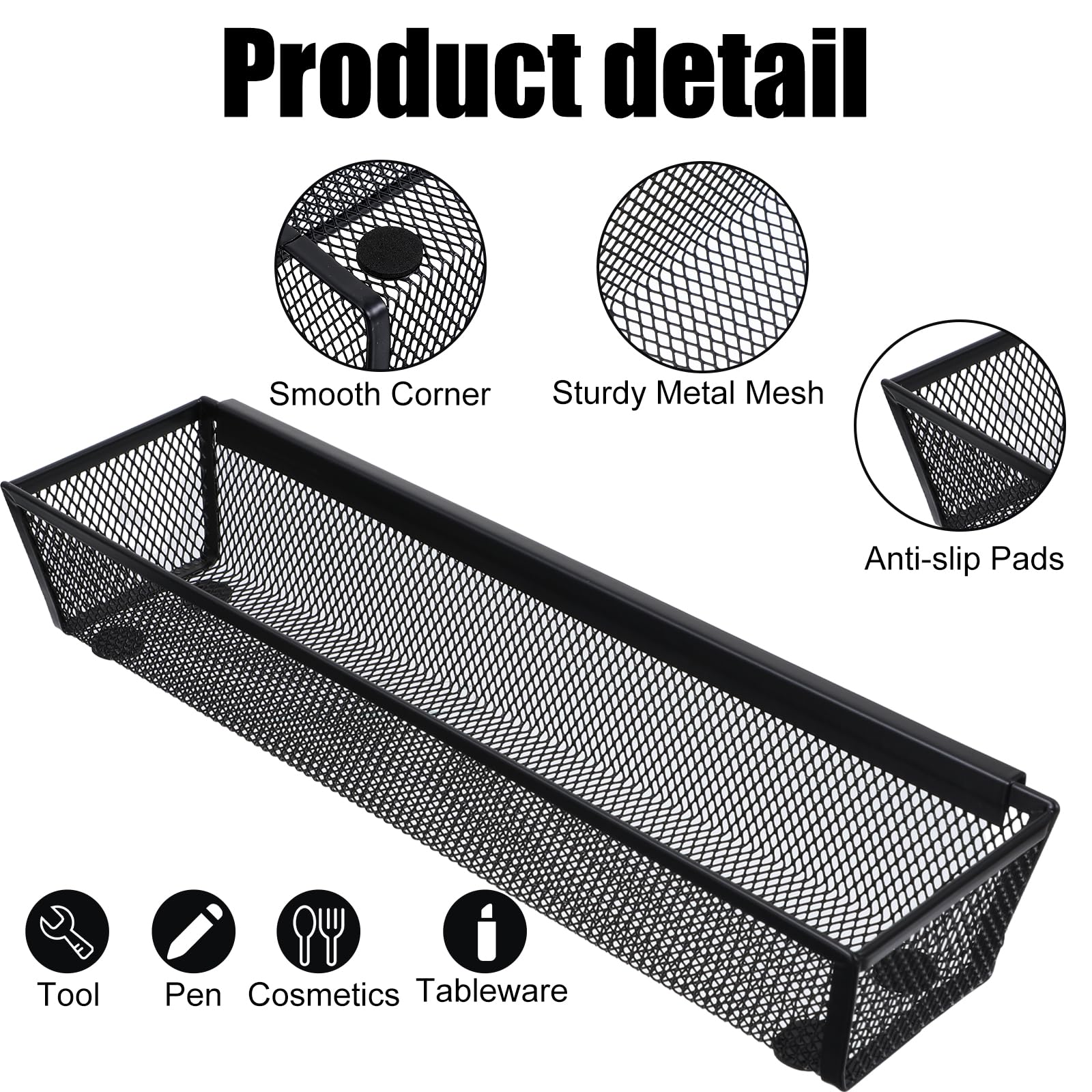 6 organizadores de cajones para cocina, organizador de cajones de malla para utensilios con brazo entrelazado para cosméticos, cubiertos, bolígrafos (12 x 3 x 2 pulgadas, negro)