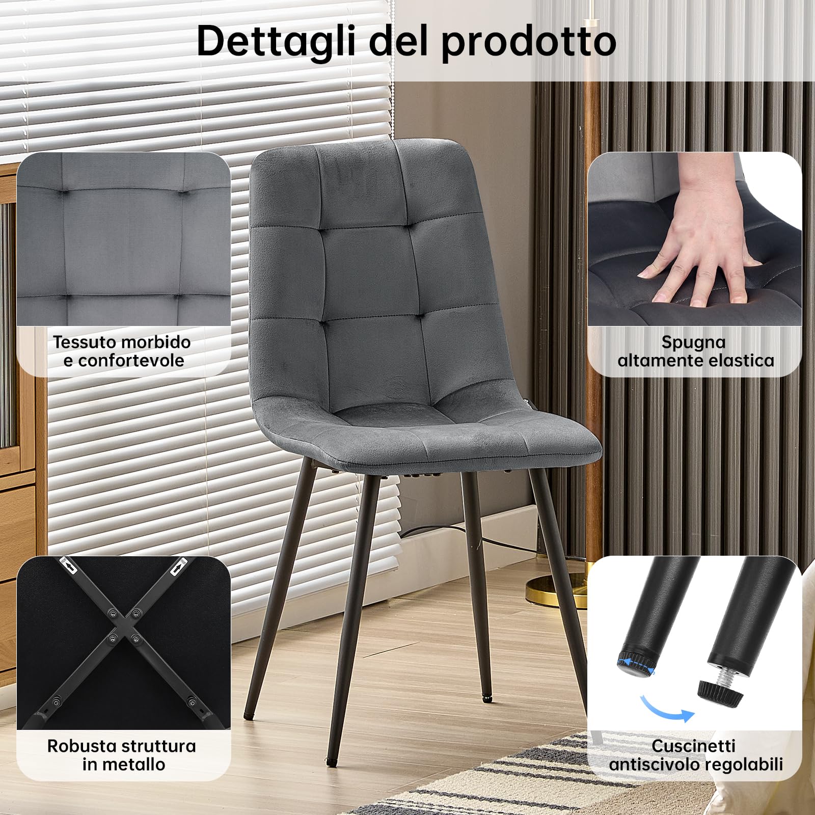 LEWE Set tavolo e sedie da pranzo,Tavolo da Cucina rettangolare in legno 140 x 80 x 76 cm，con 6 Sedie imbottite in Velluto per Cucine per Cucina, Soggiorno, Sala da Pranzo(Legno Scuro+Grigio scuro)