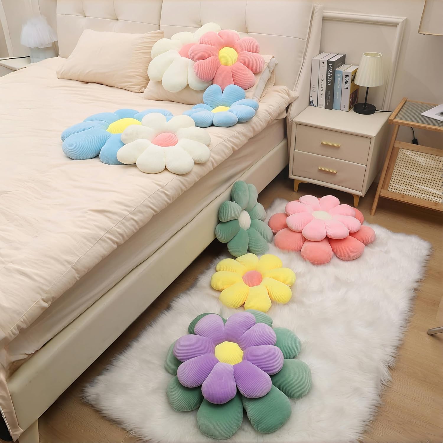 2 Pcs Sage Green Throw Pillow Decorative Flower Pillows for Room Decor, 15" Cute Aesthetic Flower Daisy Shaped Throw Pillows for Bedroom Bed Couch Chair Classroom (White+Green, 15.35 Inch)