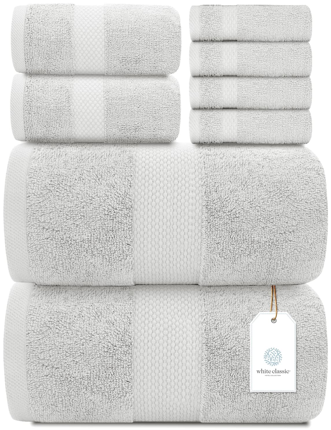 White Classic Luxury 8 Piece Bath Towel Set - 700 GSM Combed Cotton Hotel Towels - 2 Bath, 2 Hand, 4 Washcloths (Silver, 8)
