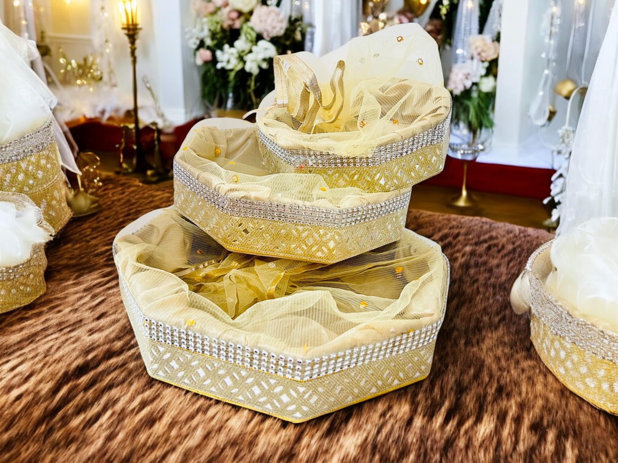 Vayu Art & Crafts Octagonal Net Decorated Gift Hamper Tray Wedding Event Including With Net Decoration Golden Set of 3 | Size-20x20x6cm, 25x25x6cm, 30x30x6cm-image-1