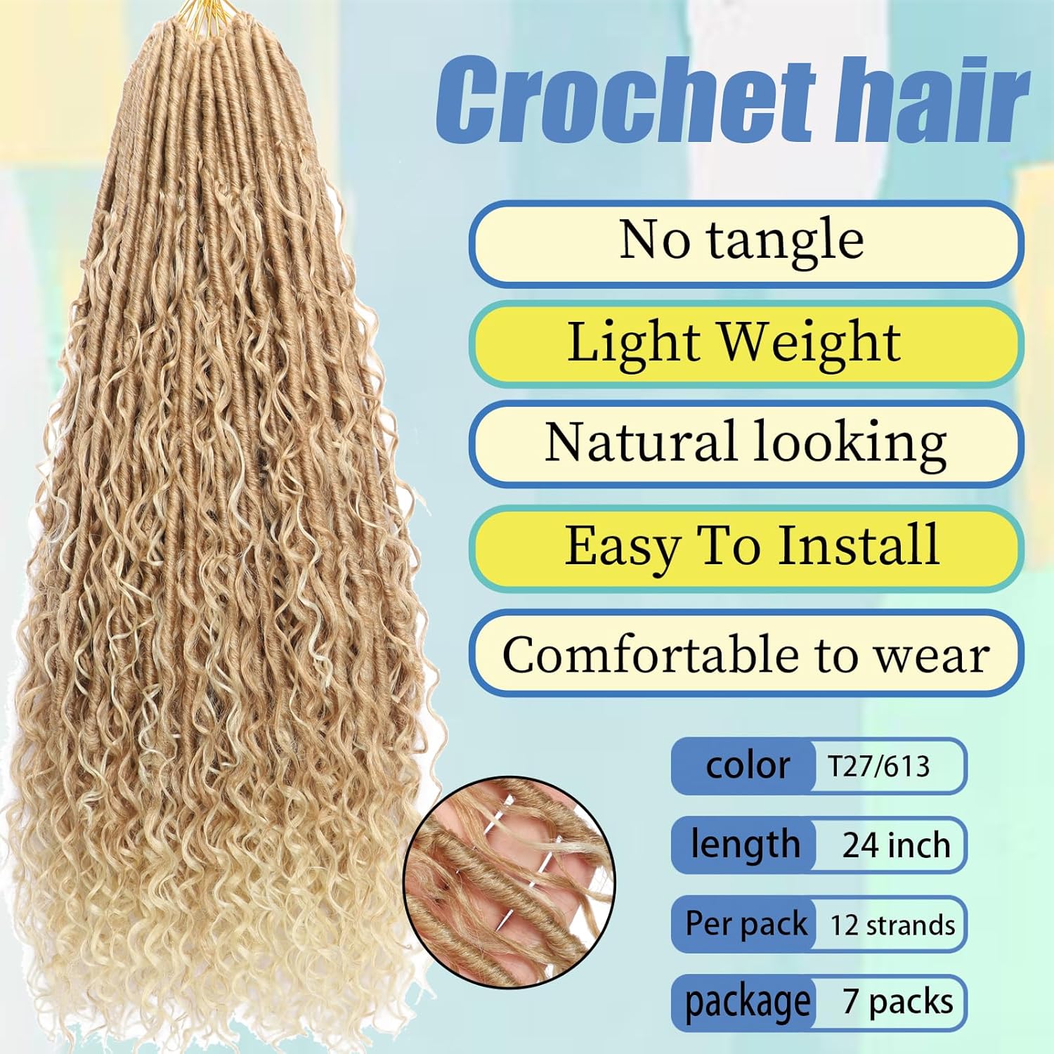 Blonde Ombre Goddess Locs Crochet Hair 7-Pack Pre Looped Braiding Hair 84 Strands Bohemian Faux Loc Boho Braids River Locs Dreadlocs Hair for Black Women (T27/613, 24 Inch(Pack of 7))