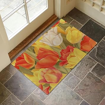 Colorful Tulip Indoor Door Mat for Entryway, 17x29.5 Inch, Vibrant Floral Design Floor Doormat for Home Decor, Non-Slip Rug Mat for Living Room, Kitchen, Bedroom, Gifts for Garden Flower Lovers