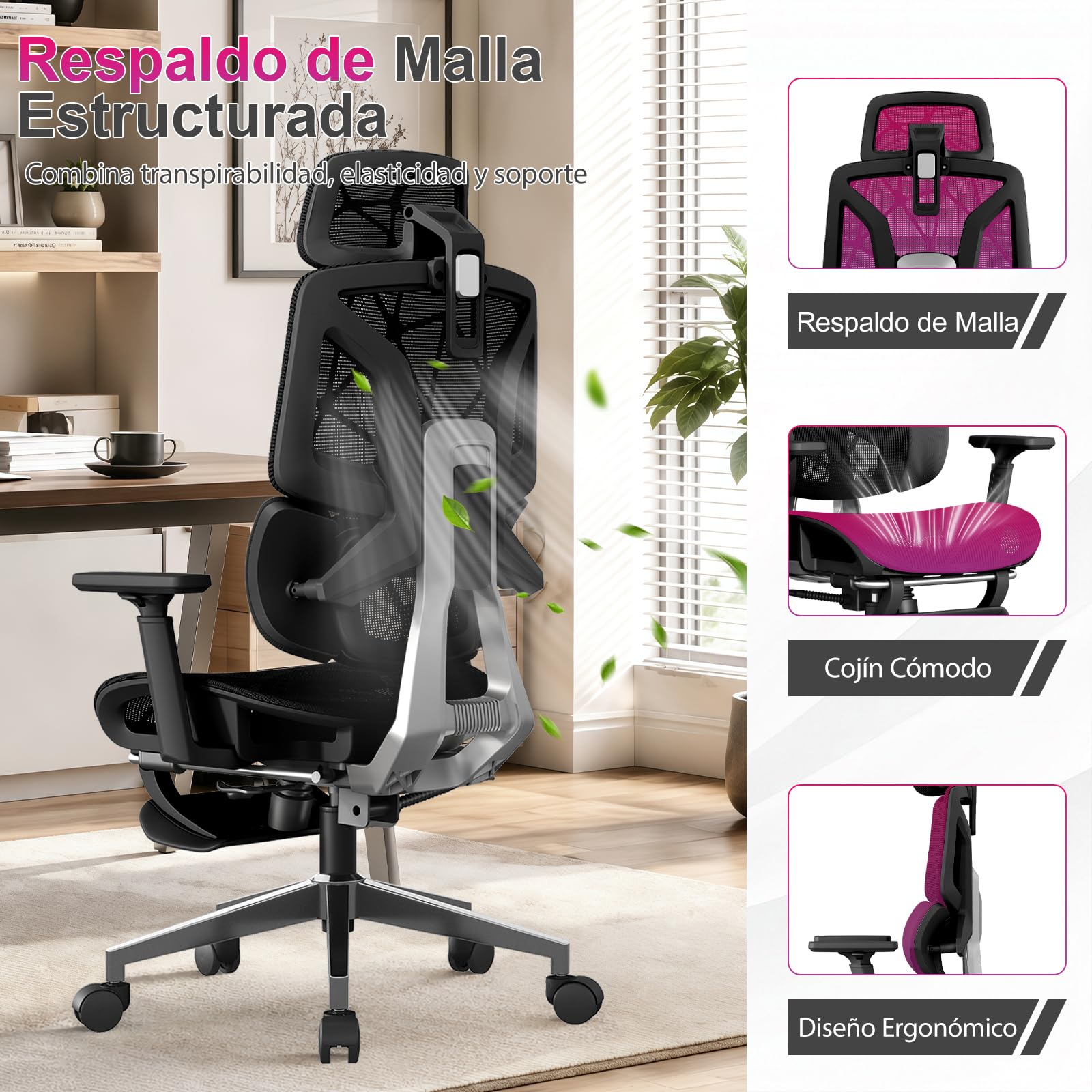 Silla Ergonómica de Oficina con Soporte Lumbar de 3 Zonas y Reposapiés, Reposabrazos Ajustables y Reposacabezas, Silla de Malla Reclinable para Oficina en Casa, Estudio y Gaming, Negro