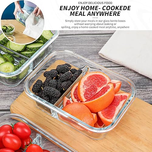 Miniatura 6 de KOMUEE 10 paquetes de recipientes de vidrio de 30 onzas para preparación de comidas, 2 compartimentos y 24 recipientes de vidrio para almacenamiento