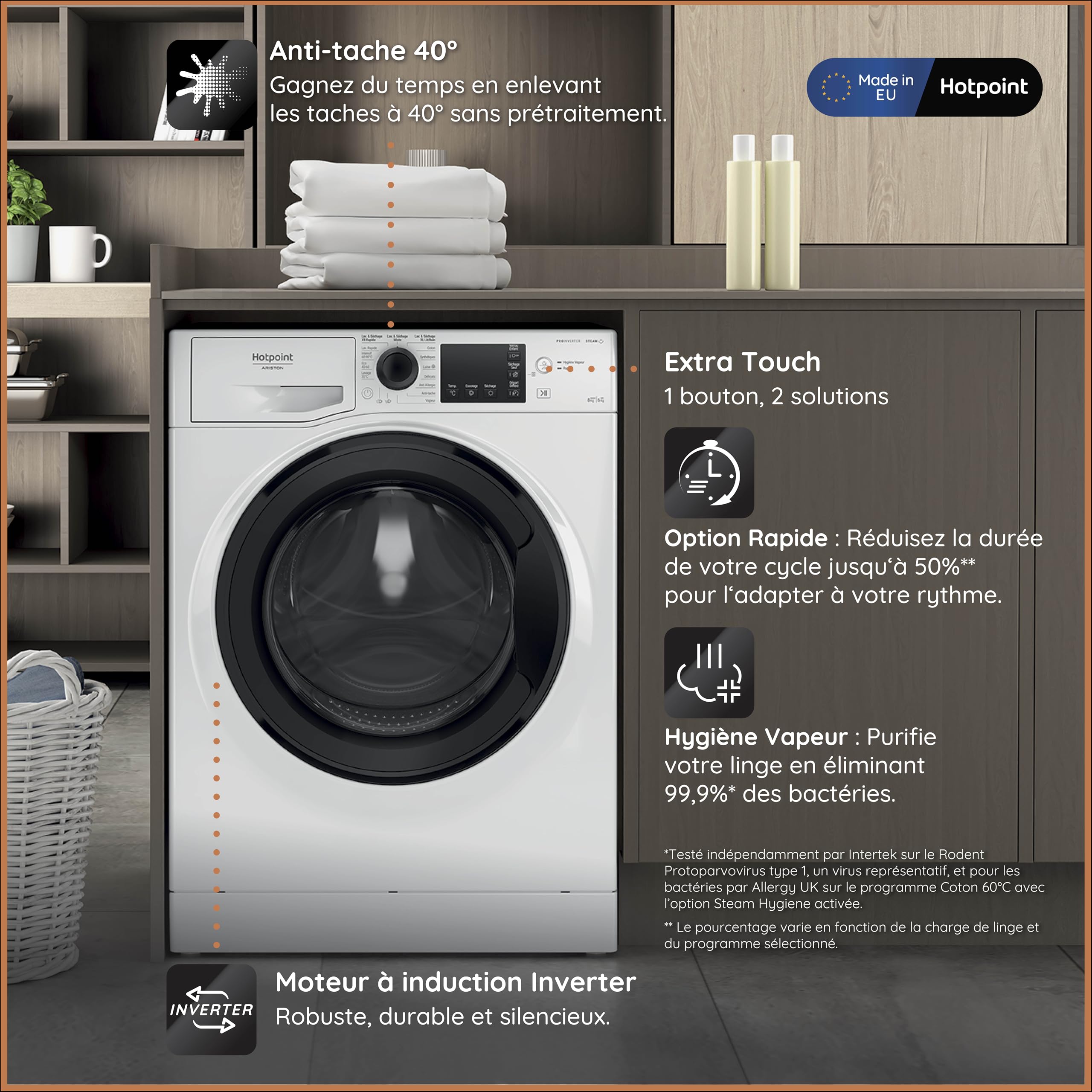 Hotpoint - NDB8635KFR Lave-linge Séchant Posable - Capacité 8 kg - Chargement Frontal, 1351 tr/min, Moteur Inverter, Vapeur Anti-odeur - H 85 x L 59.5 x P 54 cm - Classe Énergétique D - Blanc