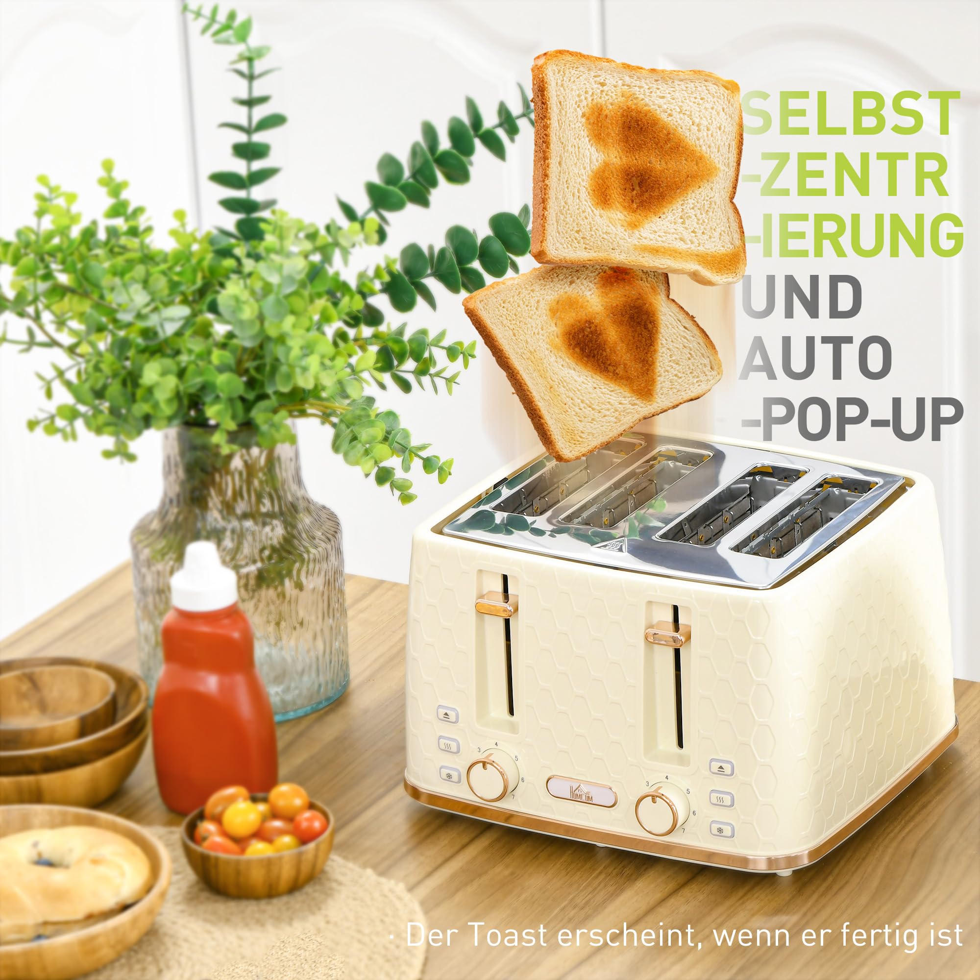 HOMCOM Kettle Toaster Set 1,7L Bollitore 4 fette di pane tostato Set per la colazione con 7 livelli di doratura, spegnimento automatico, funzione di scongelamento e riscaldamento e vassoio