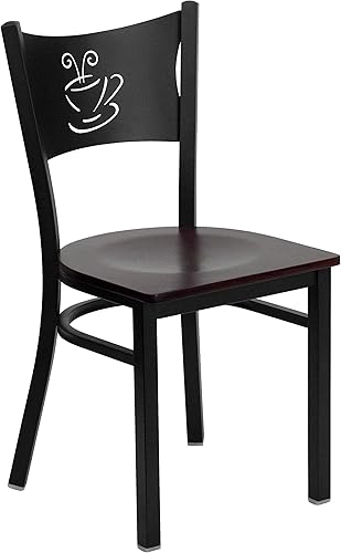 Miniatura 8 de Flash Furniture HERCULES Series Silla de restaurante de metal con respaldo de café negro - Asiento de madera de caoba