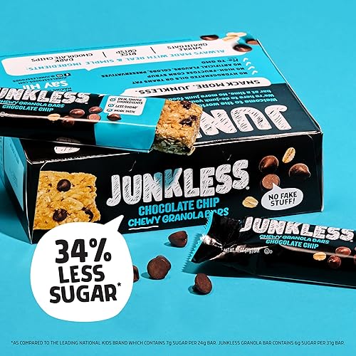 Miniatura 2 de JUNKLESS Barras de granola masticables, chispas de chocolate, 24 barras (6 barras por caja de 1.1 onzas, 4 cajas), sin OMG, bajo en azúcar, gran