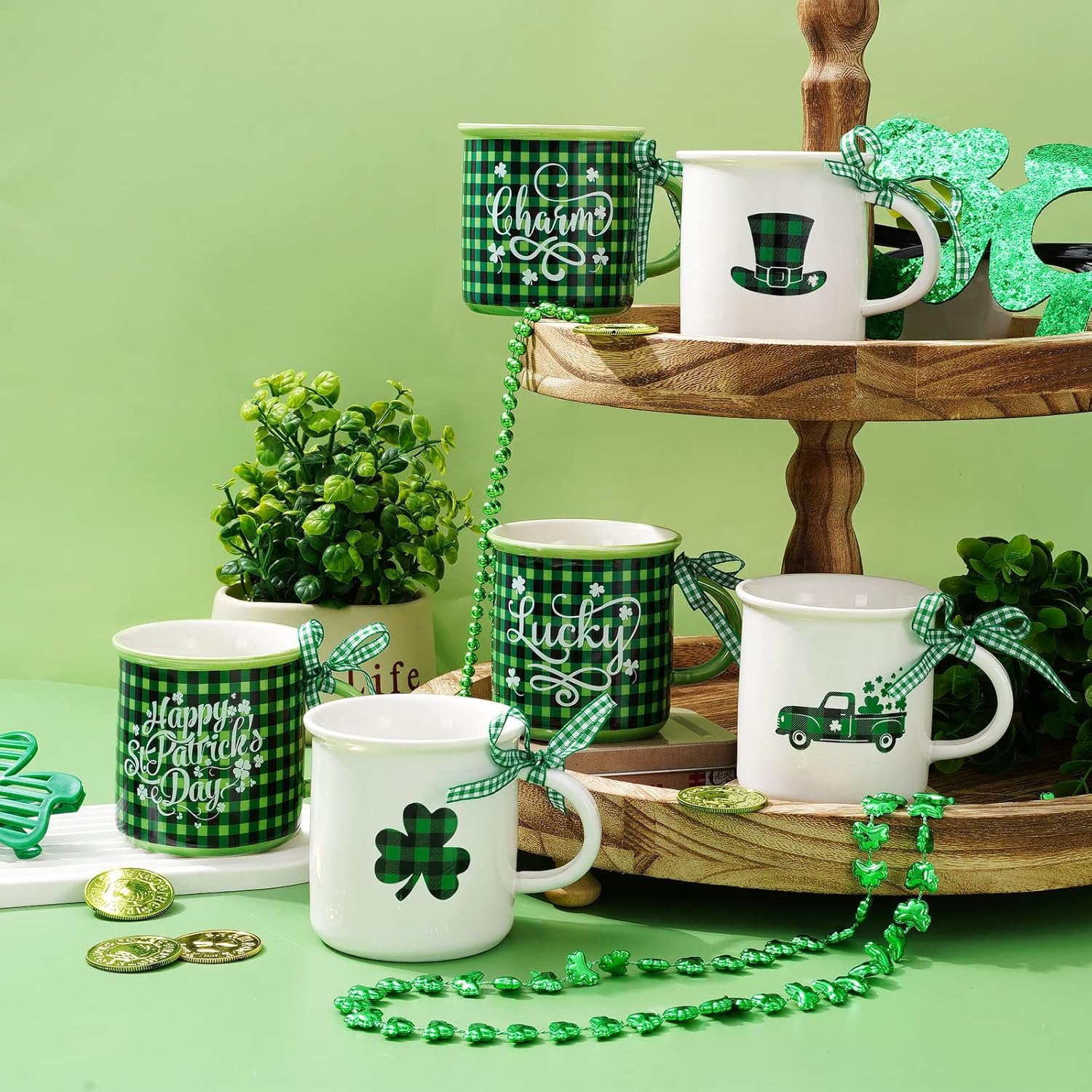 Whaline 6 Pcs St. Patrick's Day Mini Coffee Mug with Ribbon Green Black Plaid Shamrock Hat Truck Mini Mug Irish Holiday Tiered Tray Decor for Holiday Table Centerpieces Housewarming Gift