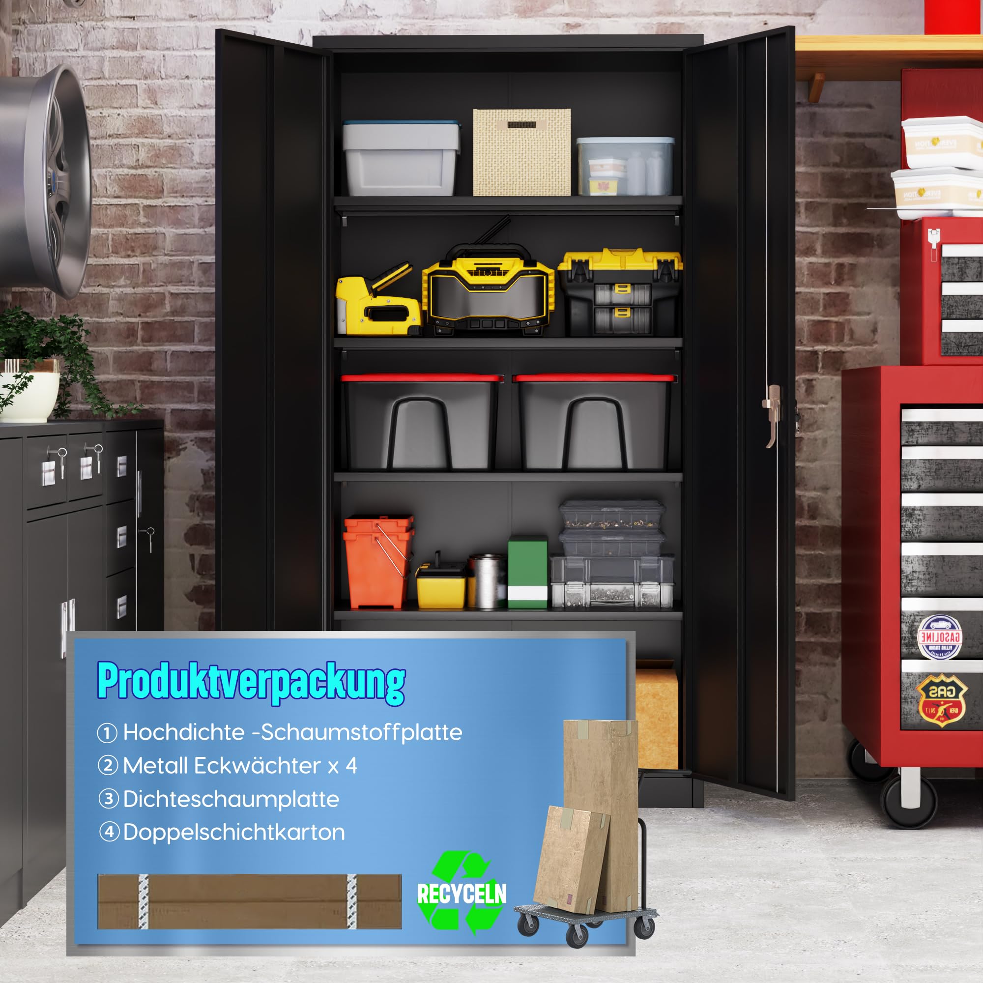SUPEER Aktenschrank,Metallschrank mit 4 höhenverstellbaren Fachböden,Stahlblech Pulverbeschichtung,Stahlschrank für Werkzeuge,Garage180 x 80 x 40 cm（schwarz）