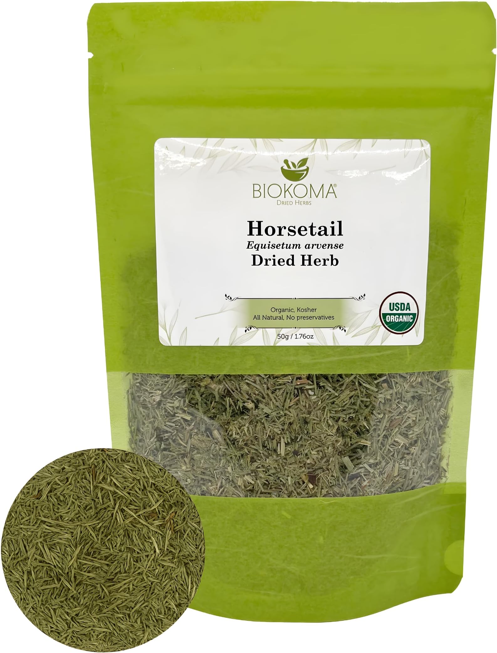 Biokoma Pure and Organic Horsetail Dried Leaves 50g in Resealable Pack Moisture Proof Pouch, USDA Certified Organic - Herbal Tea, No Additives, No Preservatives, No GMO, Kosher