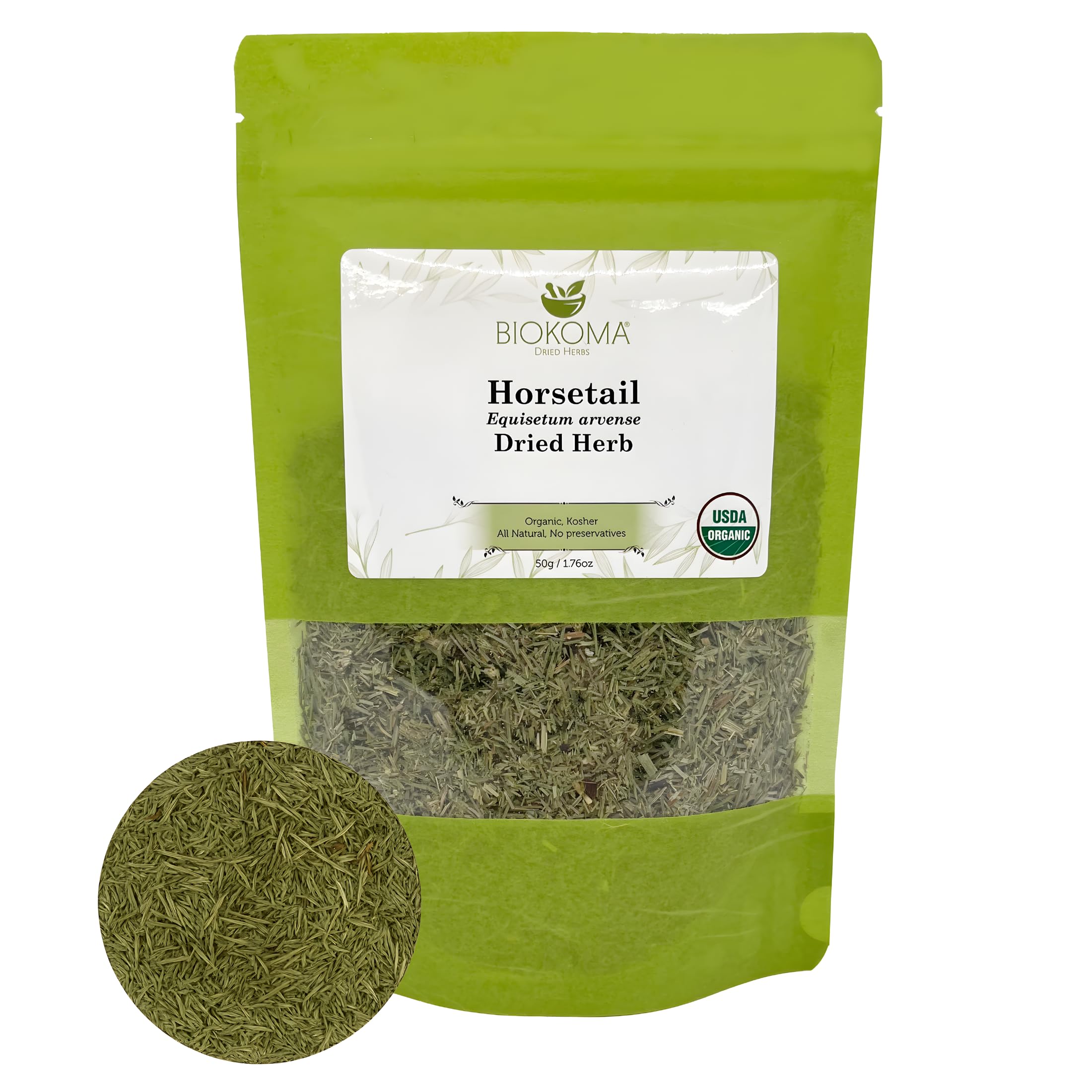 Biokoma Pure and Organic Horsetail Dried Leaves 50g in Resealable Pack Moisture Proof Pouch, USDA Certified Organic - Herbal Tea, No Additives, No Preservatives, No GMO, Kosher