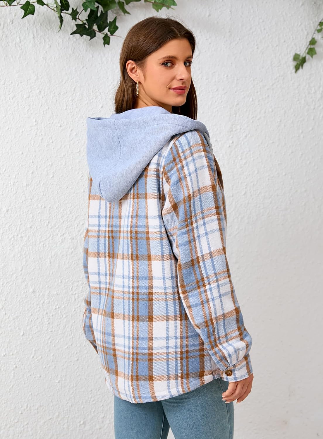 Women's Plaid Flannel Plaid Shacket Button Up Hooded Long Sleeve Fleece Jacket Winter Coat with Side Pockets - Image 3