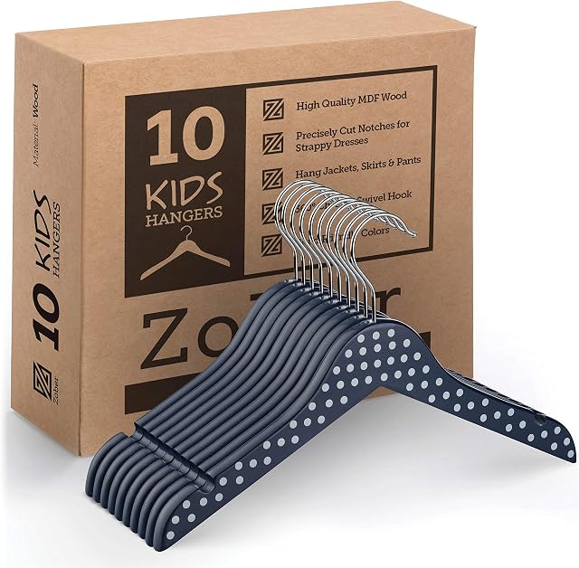 High-Grade Wooden Childrens Hangers (10 Pack) Cute and Charming, Durable Baby Hangers / Nursery Coat Hangers - 32cm Wide - 360° Swivel Hook & Dress Notches - Toddler/Kids Hangers For Clothes & Dresses