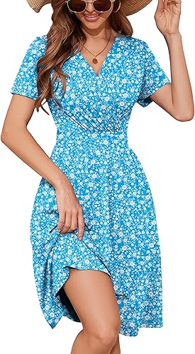 Heymoments Womens Summer Short Sleeve Casual Dresses V-Neck Beach Dress with Pockets S-2XL