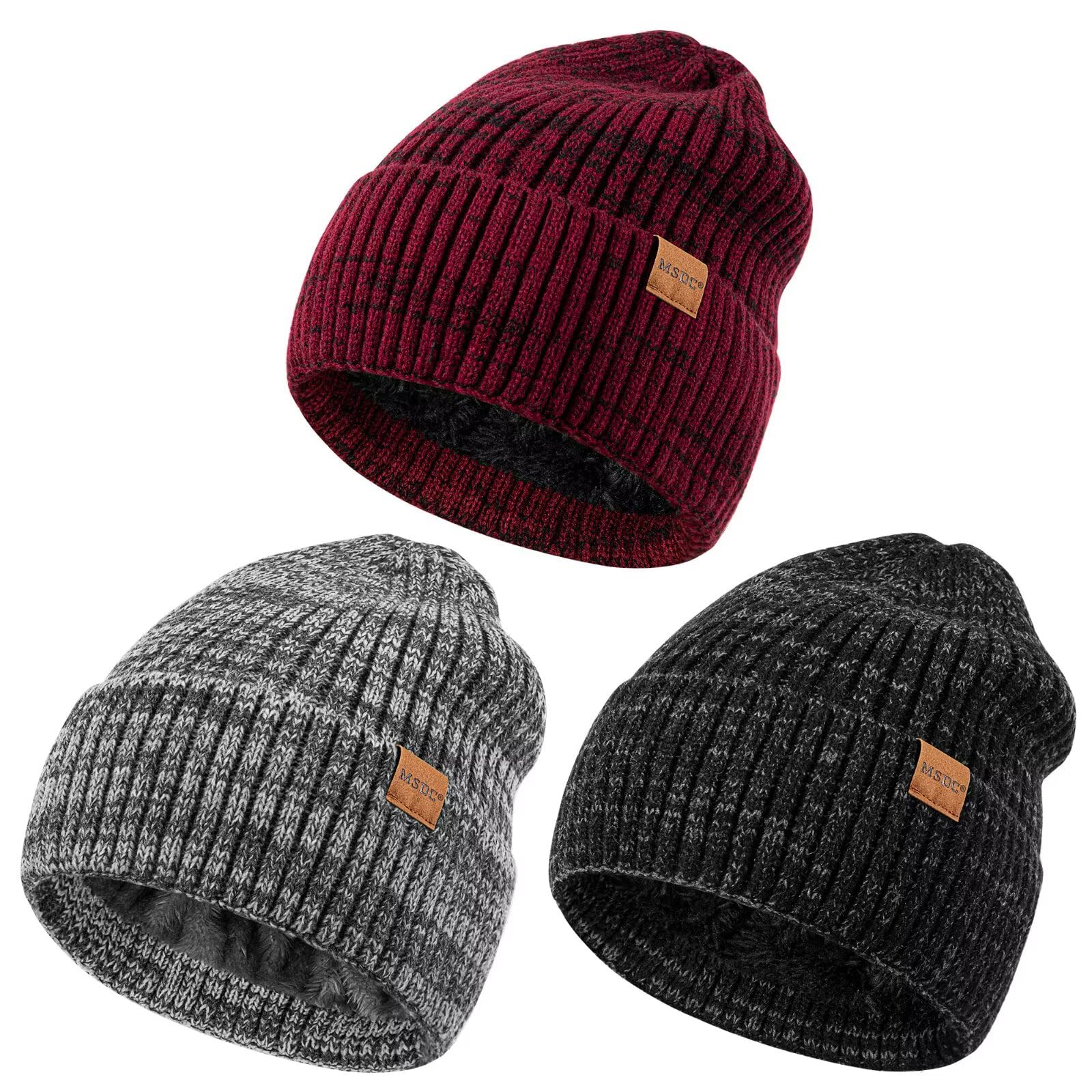 MSDC 3 Pack Winter Hats for Men, Warm Fleece Lined Beanie for Men Women, Fashionable Knit Hat Skull Cap for Cold Weather