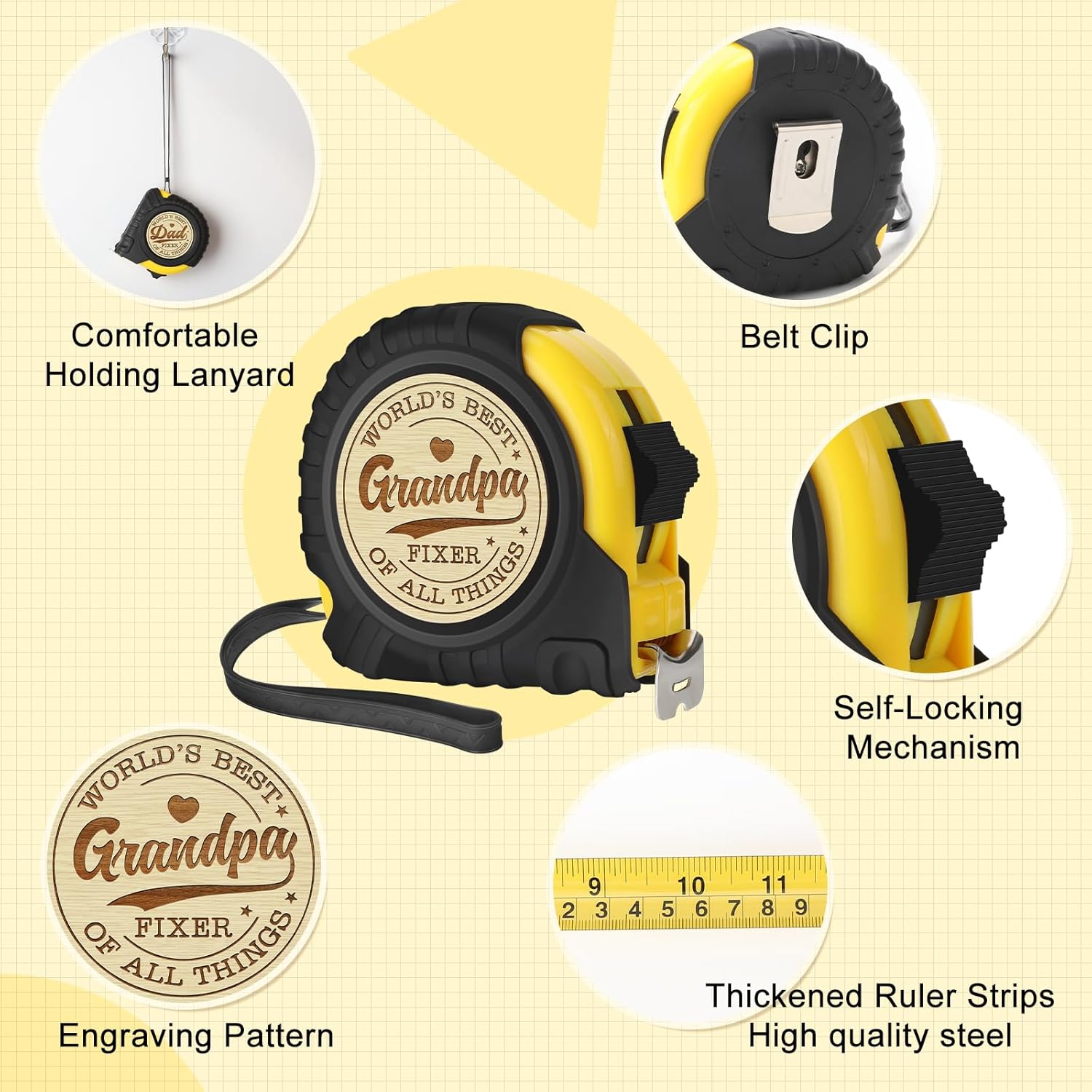 Grandpa Gifts from Granddaughter Grandson - Ideal Fathers Day Birthday Grandparents Day Gifts for Grandpa Grandfather from Grandkids - Funny Engraved Tape Measure 25 FT Ideas for Father's Day