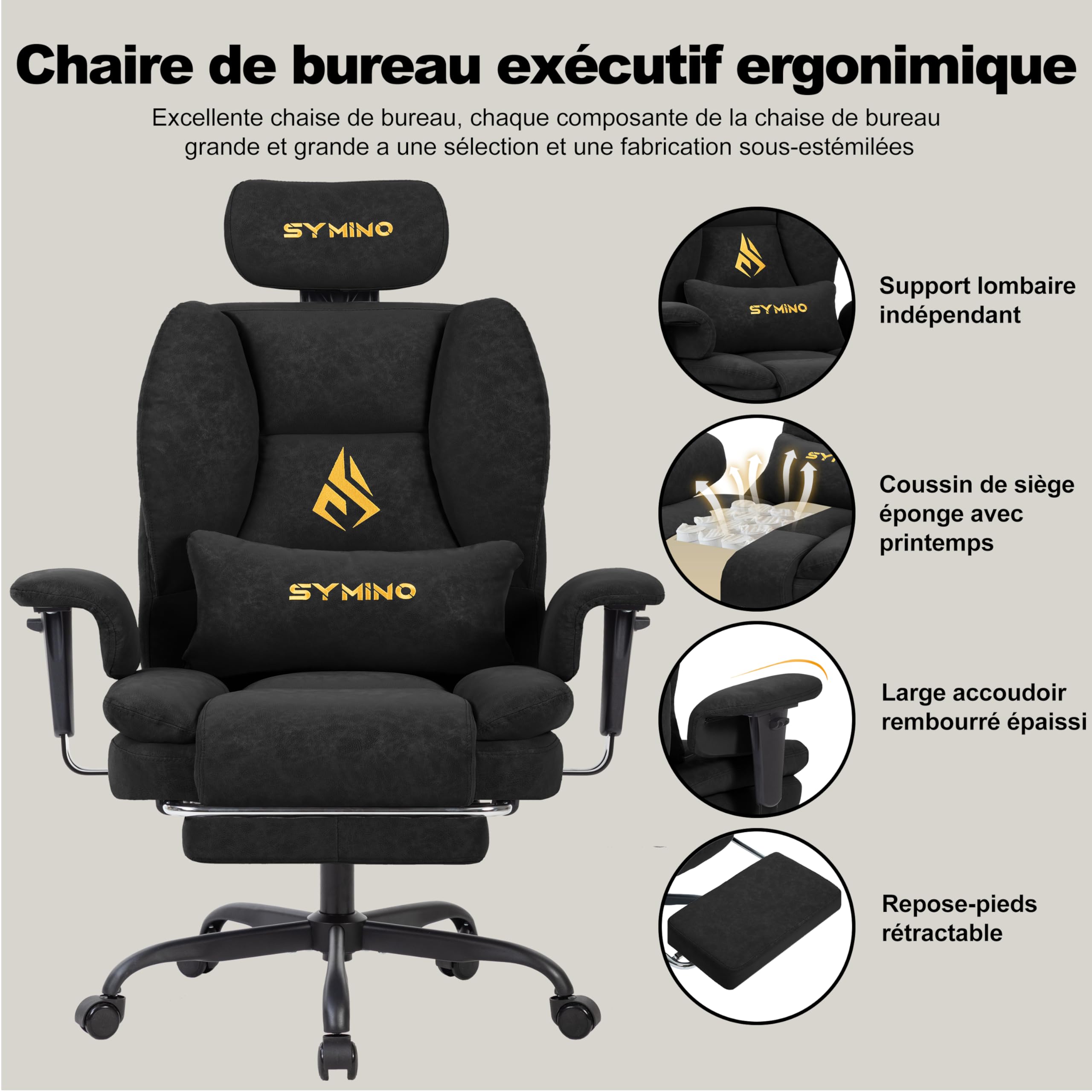 Symino Chaise Gaming Fauteuil Gaming Ergonomique - Chaise Bureau avec Repose-Pieds Réglable, PU en Cuir 130kg