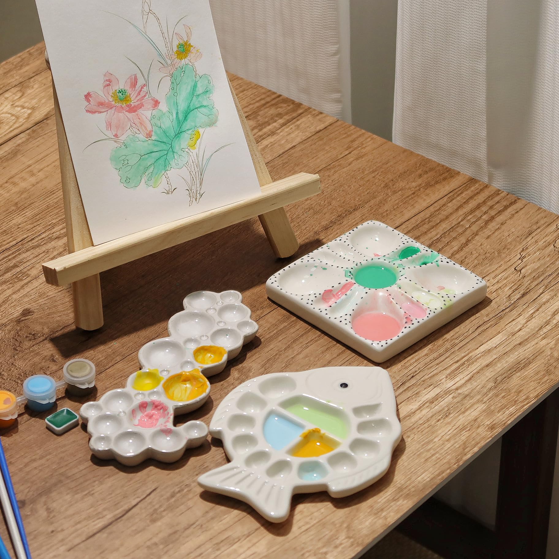 Paleta de pintura de cerámica, bandejas de acuarela portátiles para artistas, paleta de mezcla de porcelana fácil de limpiar con tapón para el pulgar, diseño único en forma de burbuja para adultos,