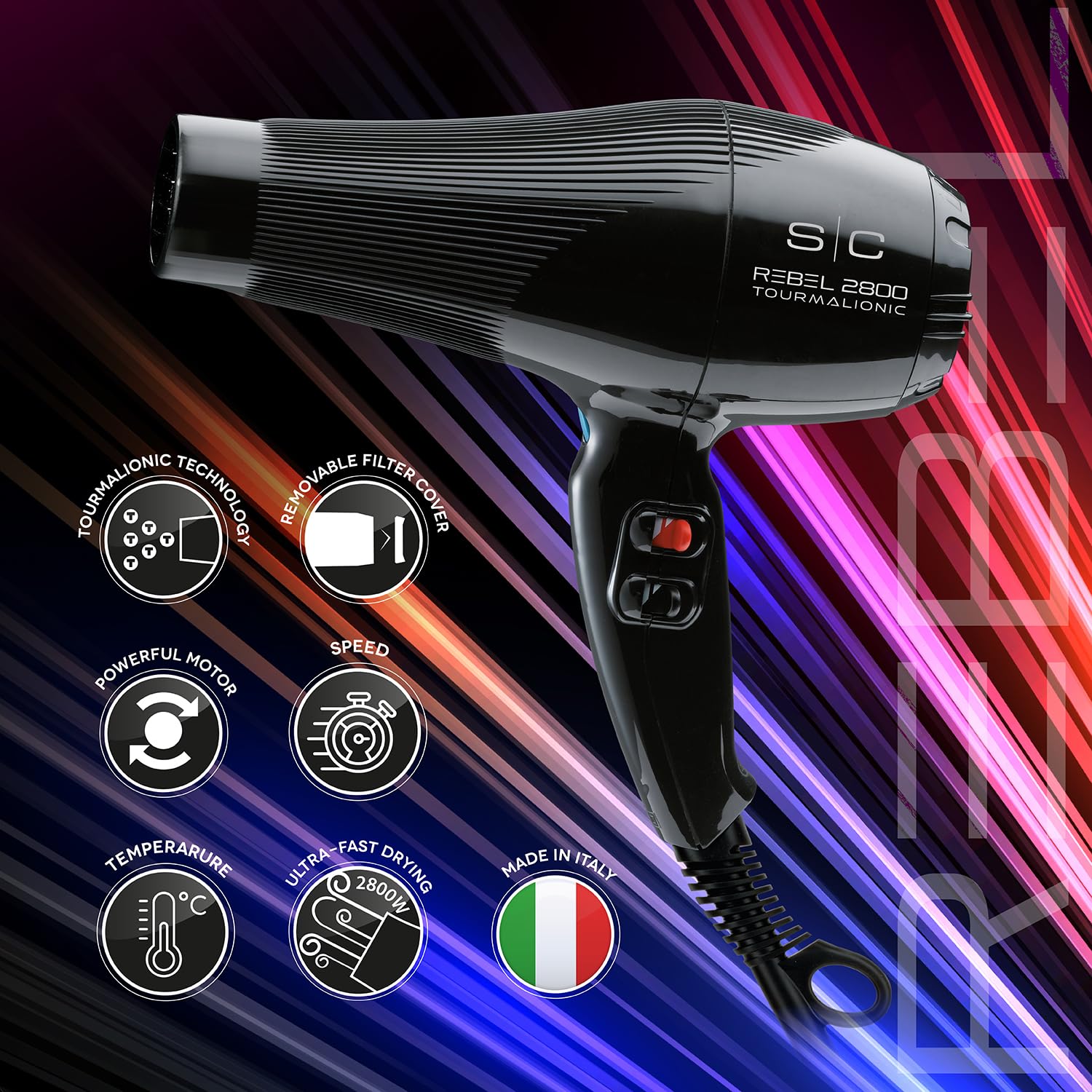 Ionen-Haartrockner Professionell Stylecraft Rebel 2800 | 2800W Haartrockner mit Tourmalionic-Technologie | Diffusor und Konzentrator Inklusive | Rutschfest | Made in Italy