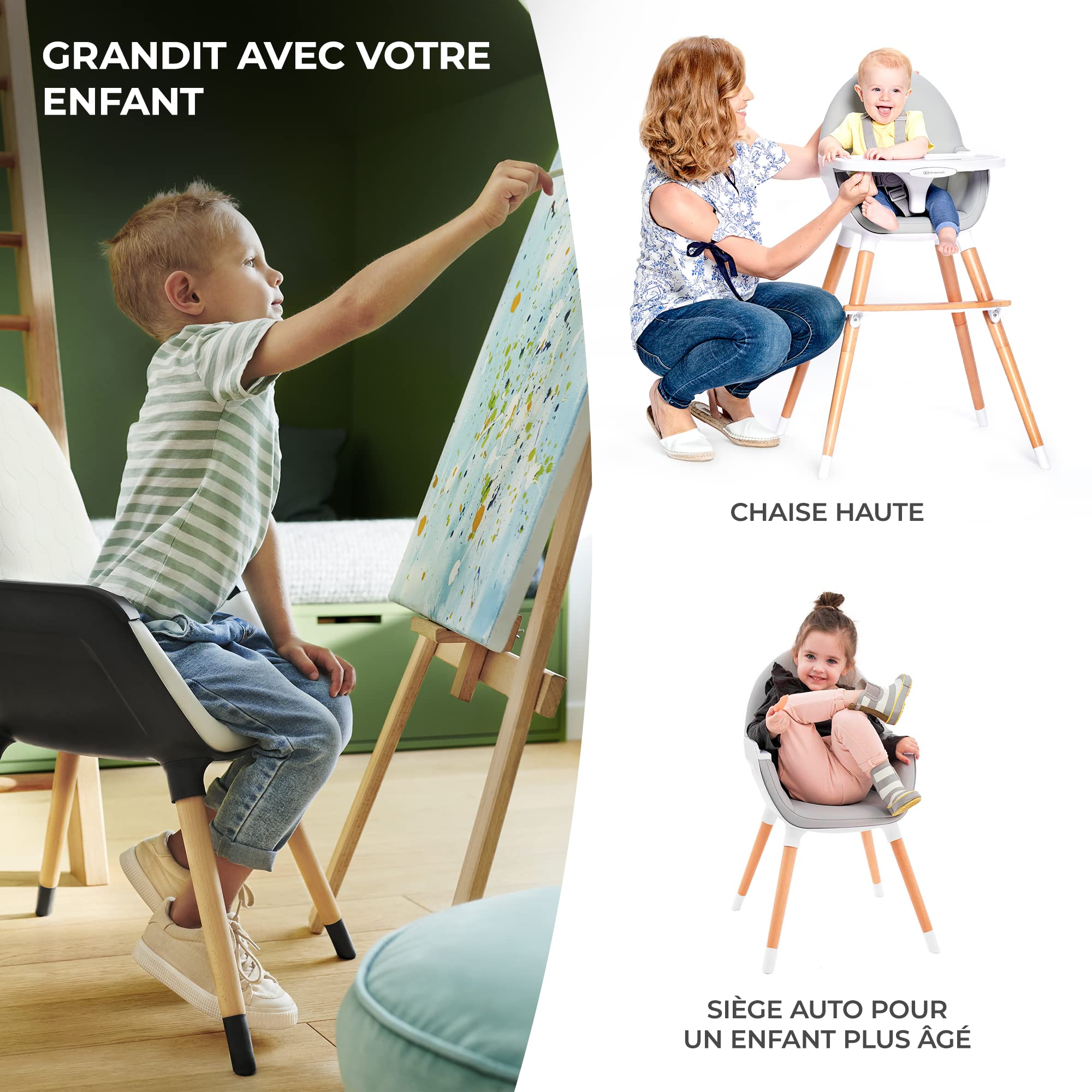 Kinderkraft Chaise Haute Bébé FINI, 2 en 1, Évolutive, Réglable