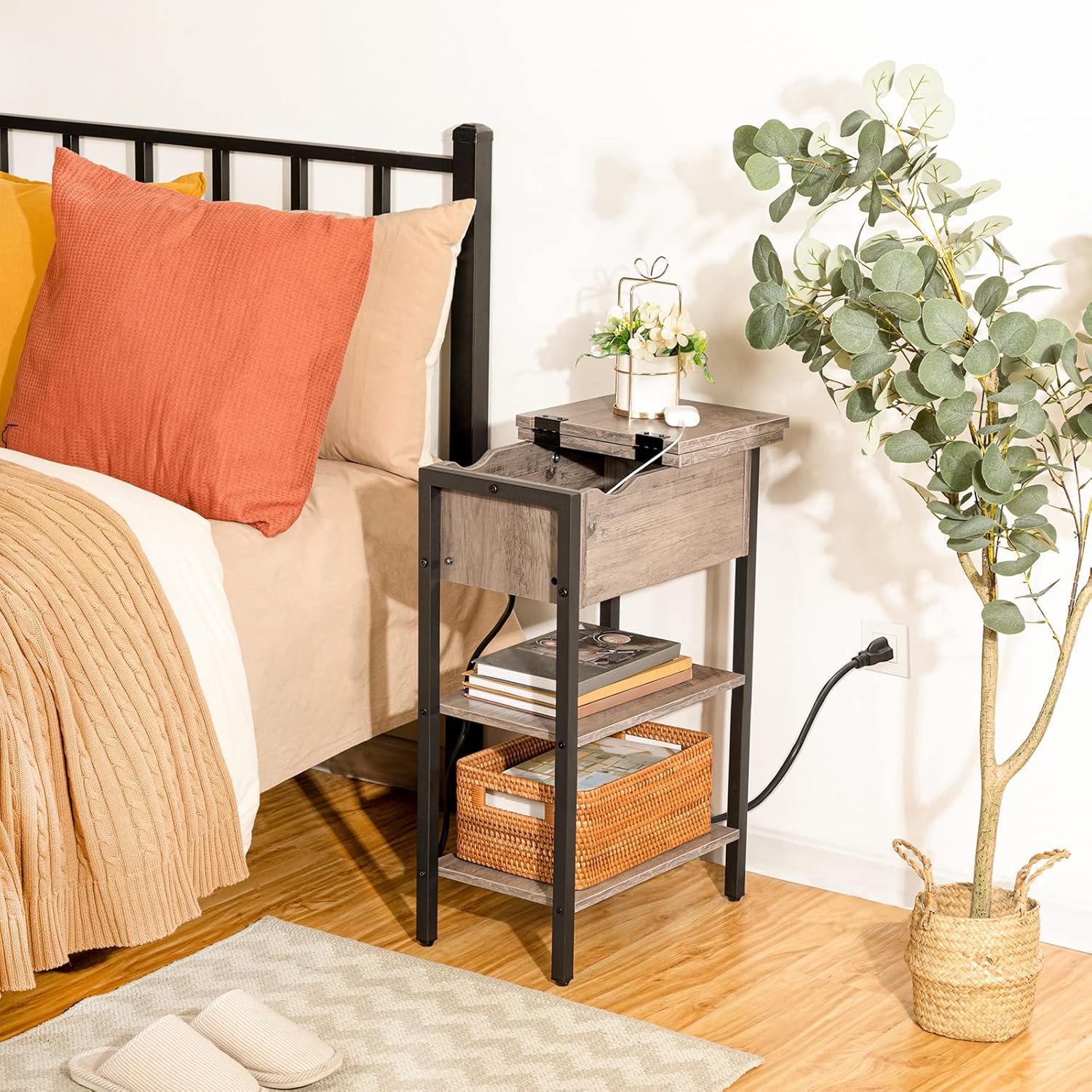 Buy HOOBRO Side Table, Flip End Table with Charging Station and Shelves