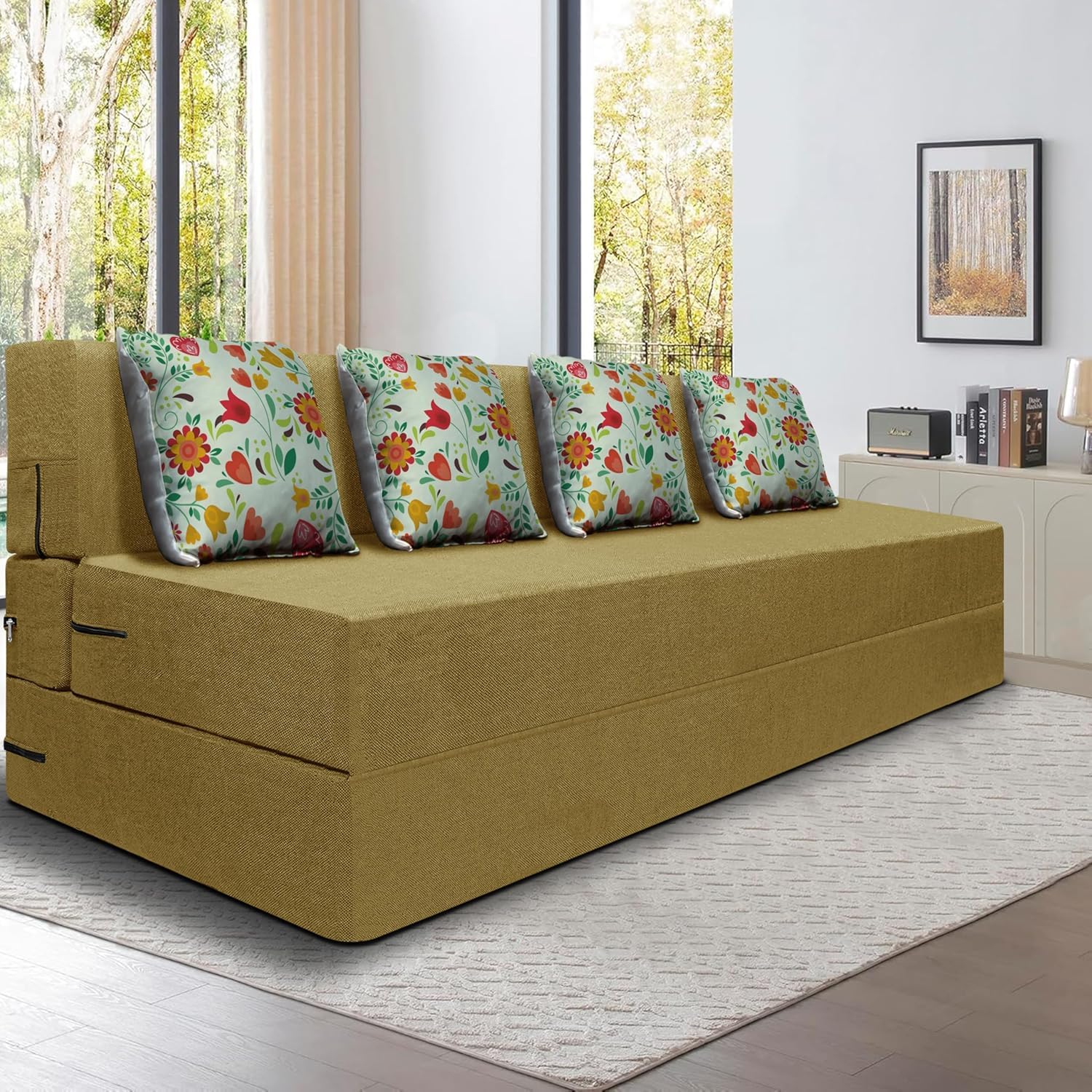 Foldable Four Seater Sofa Cum Bed, Sofa Bed 6 X 6 Feet, Jute Fabric- Washable Cover- Including Perfect for Home & Office ((baige)
