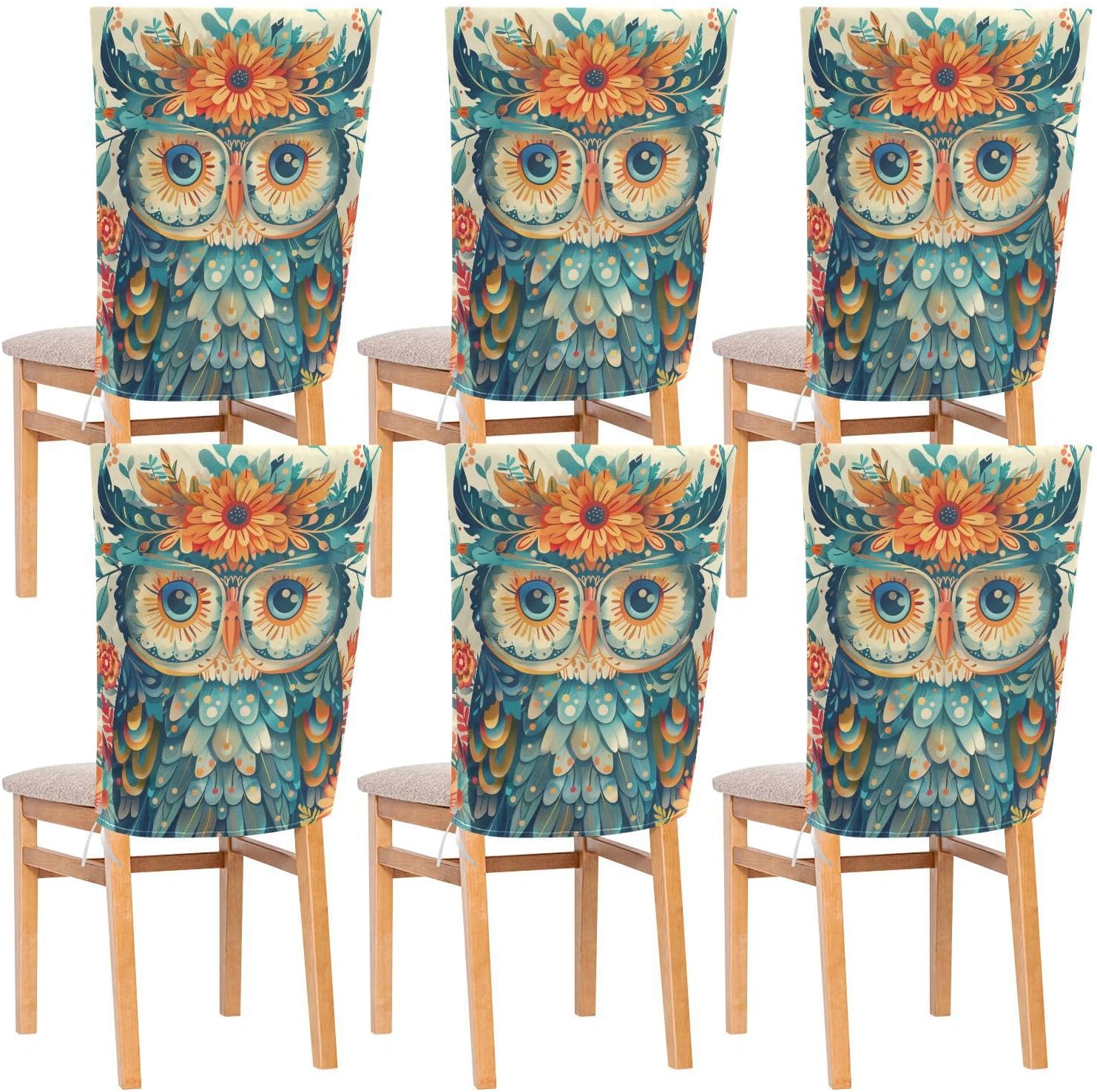 ALAZA Cute Boho Owl Chair Back Cover Set of 6, Washable Reusable Removable Chair Slipcovers Decorative Chair Cover for Home Kitchen Wedding Party