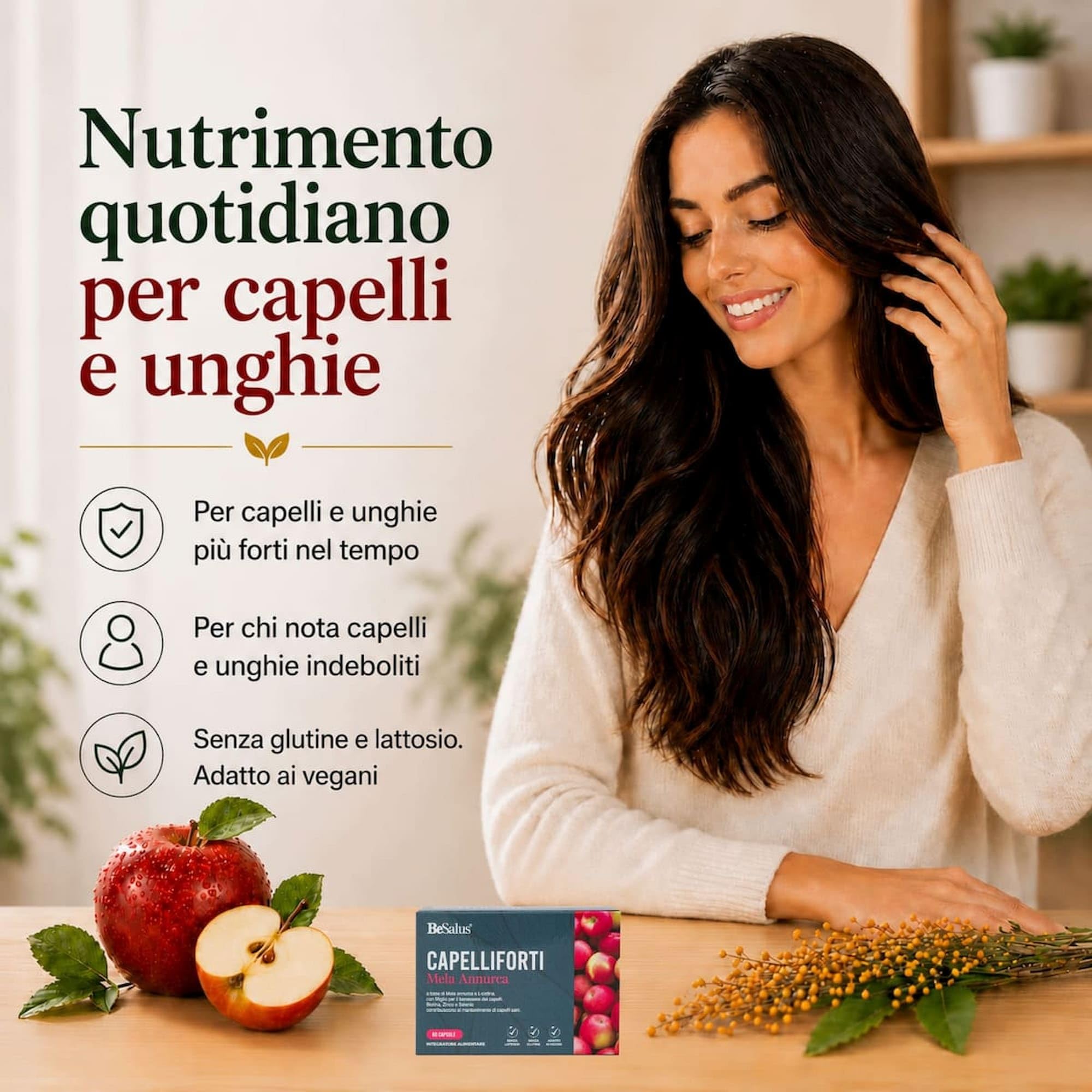 Mela Annurca 60 capsule x 2 – 120 capsule totali – Integratore capelli e unghie – Con Miglio, Biotina, Zinco e attivi selezionati – Supporto al Rinforzo