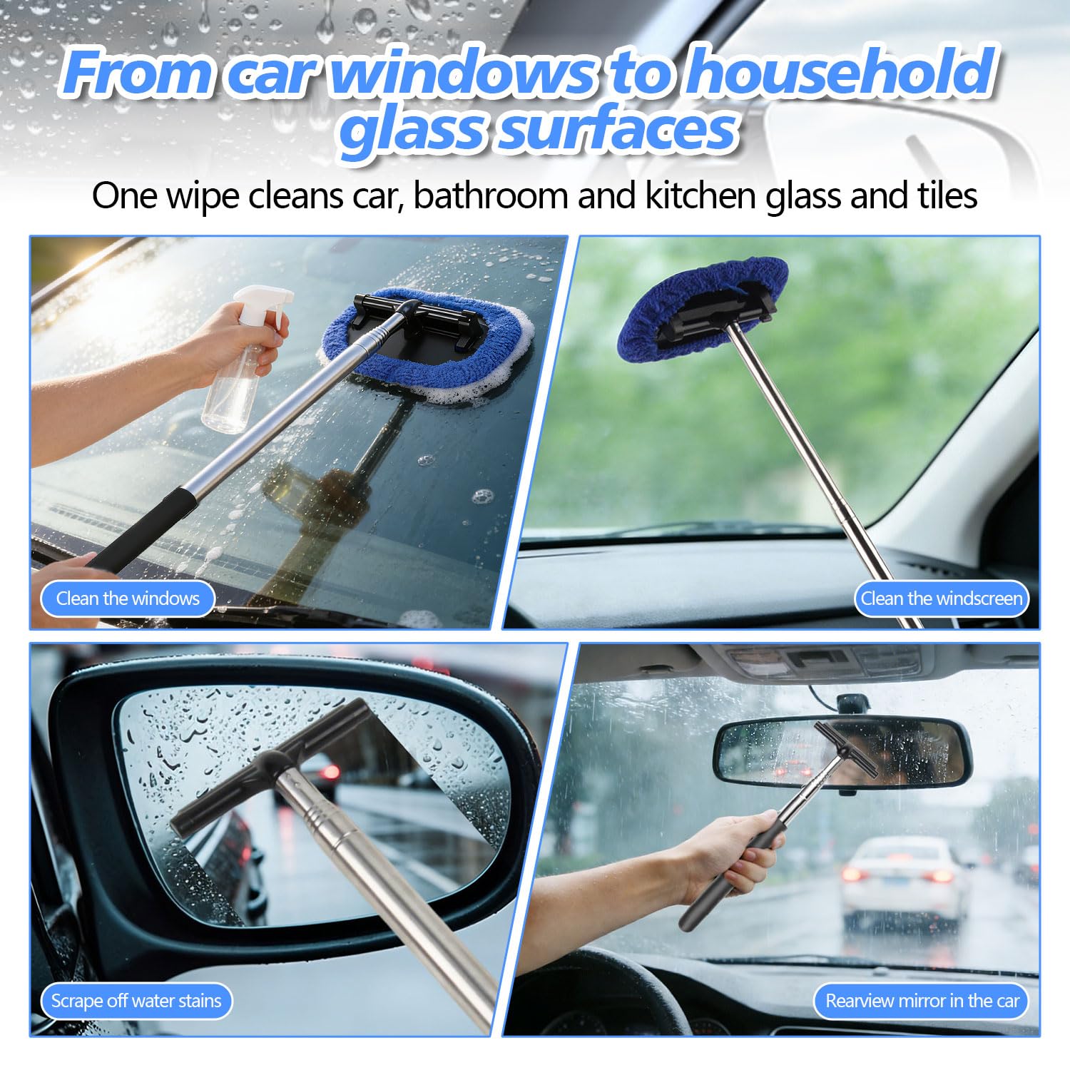 Kit Limpiador para Parabrisas Extensible (22-98.5cm) con Limpiaparabrisas de Inoxidable Cabezal del Limpiar Cristales Coche y Spray Bottle con 4 Paños de Fibra para Limpiar Retrovisores Parabrisas — view 5