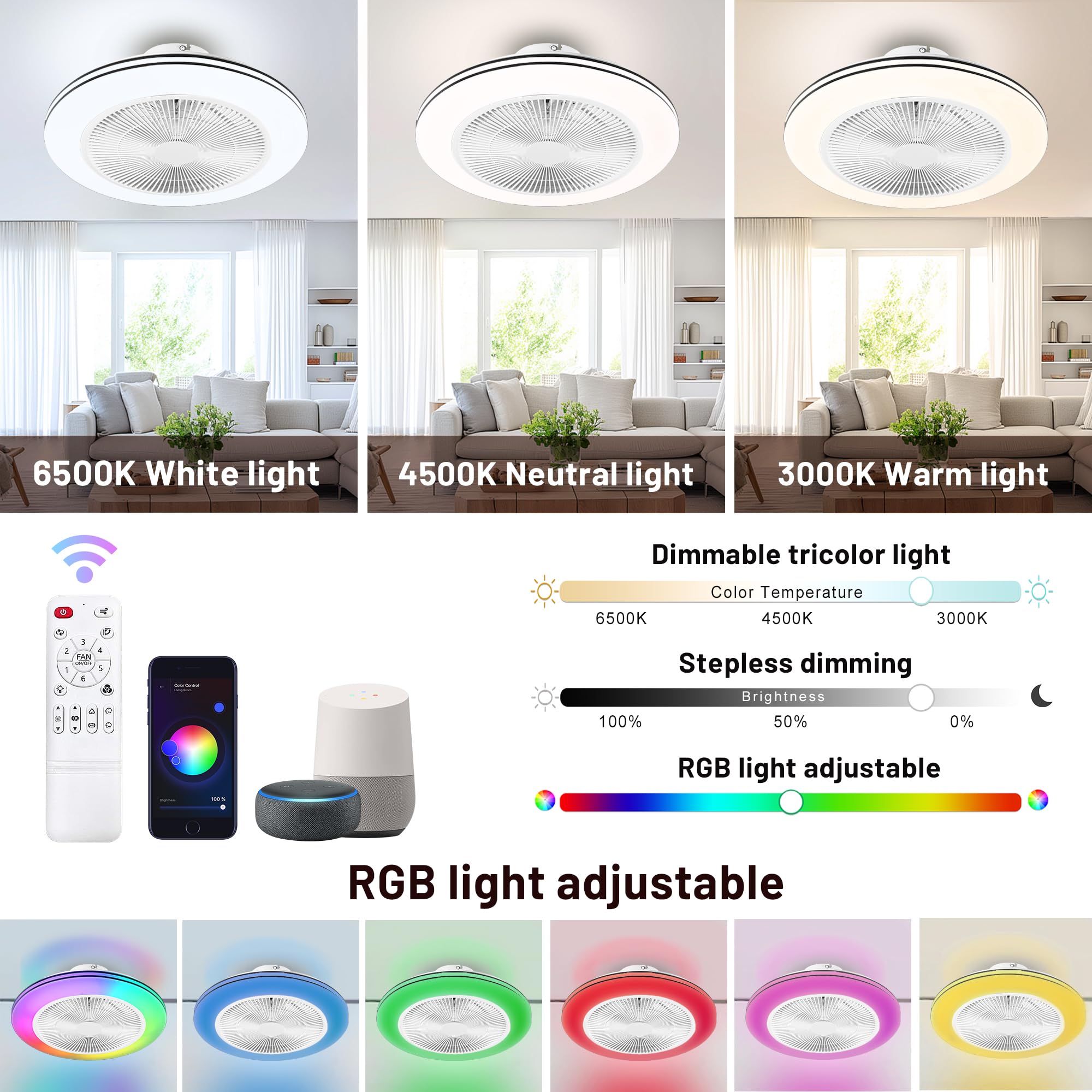 Domanki 24" Smart LED Bladeless Ceiling Fans With RGB Lights And Remote/APP, Low Profile Ceiling Fan With Light Silver HDFSD-E03-SR - Best Buy-187155